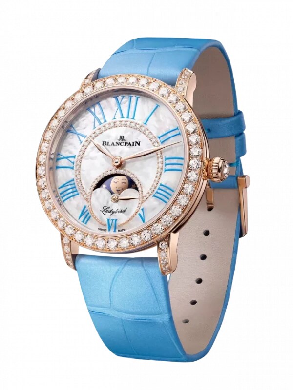 Bright blue variant with gem-set case and moon-phase dial