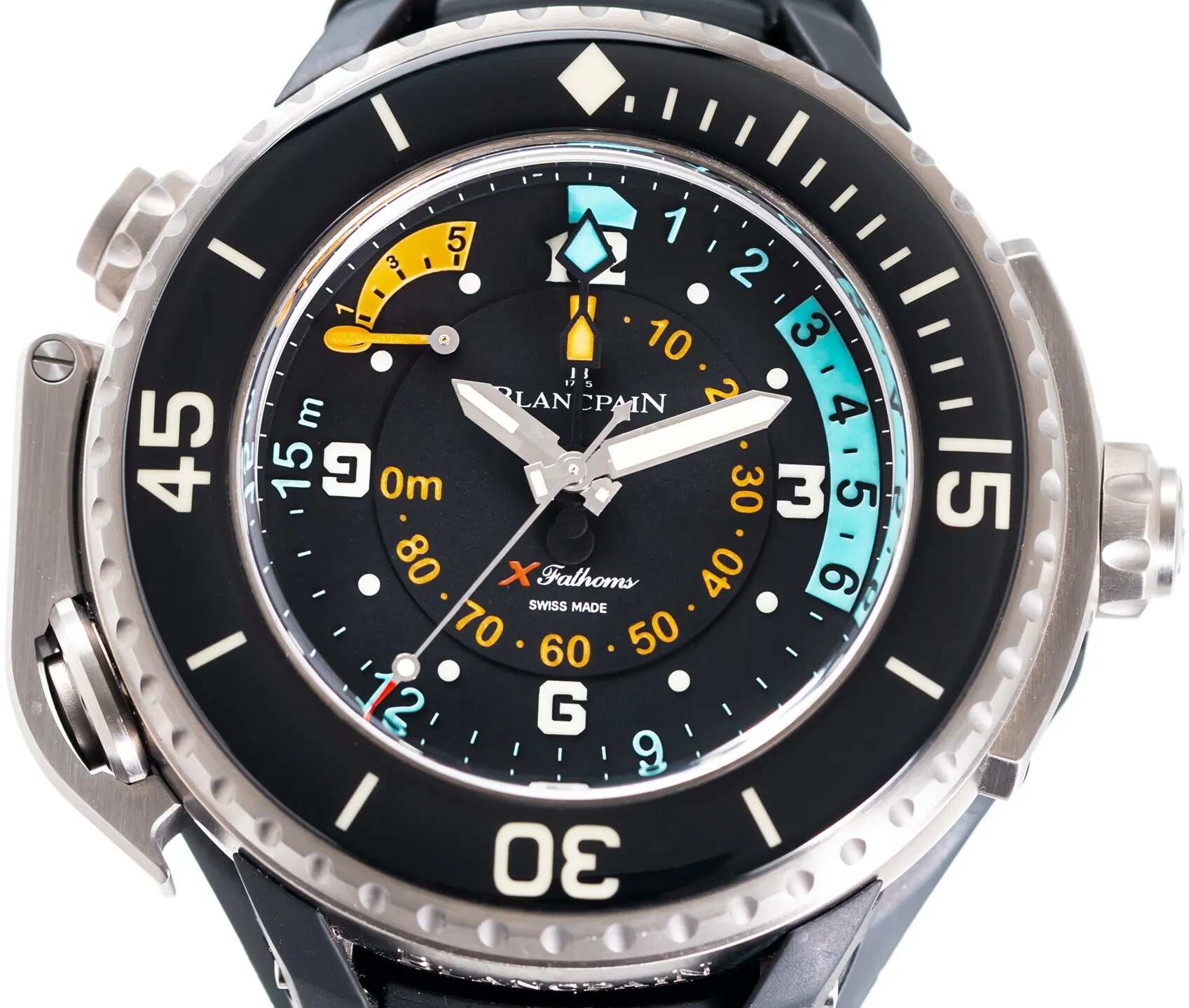 Angled view showing the oversized titanium case and depth scale