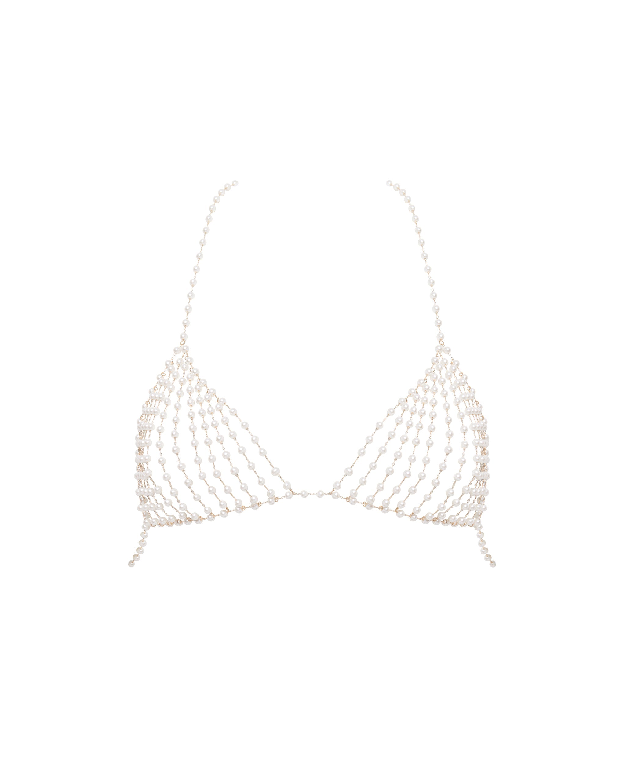 Close detail of pearls and gold-tone chain