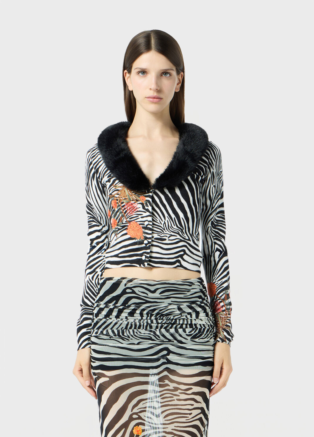 Cardigan with embroidery and faux fur collar