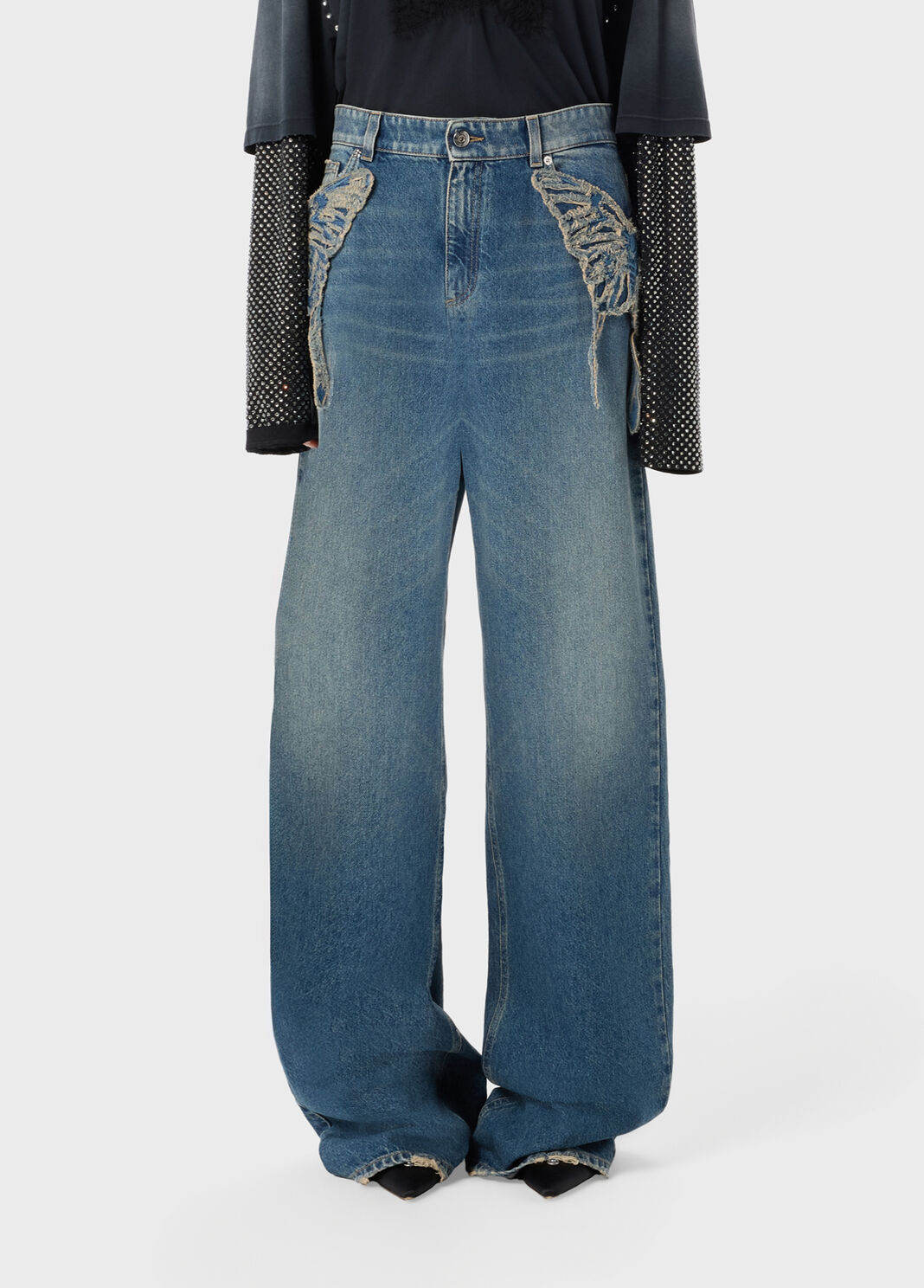 Wide leg jeans with butterfly embroidery