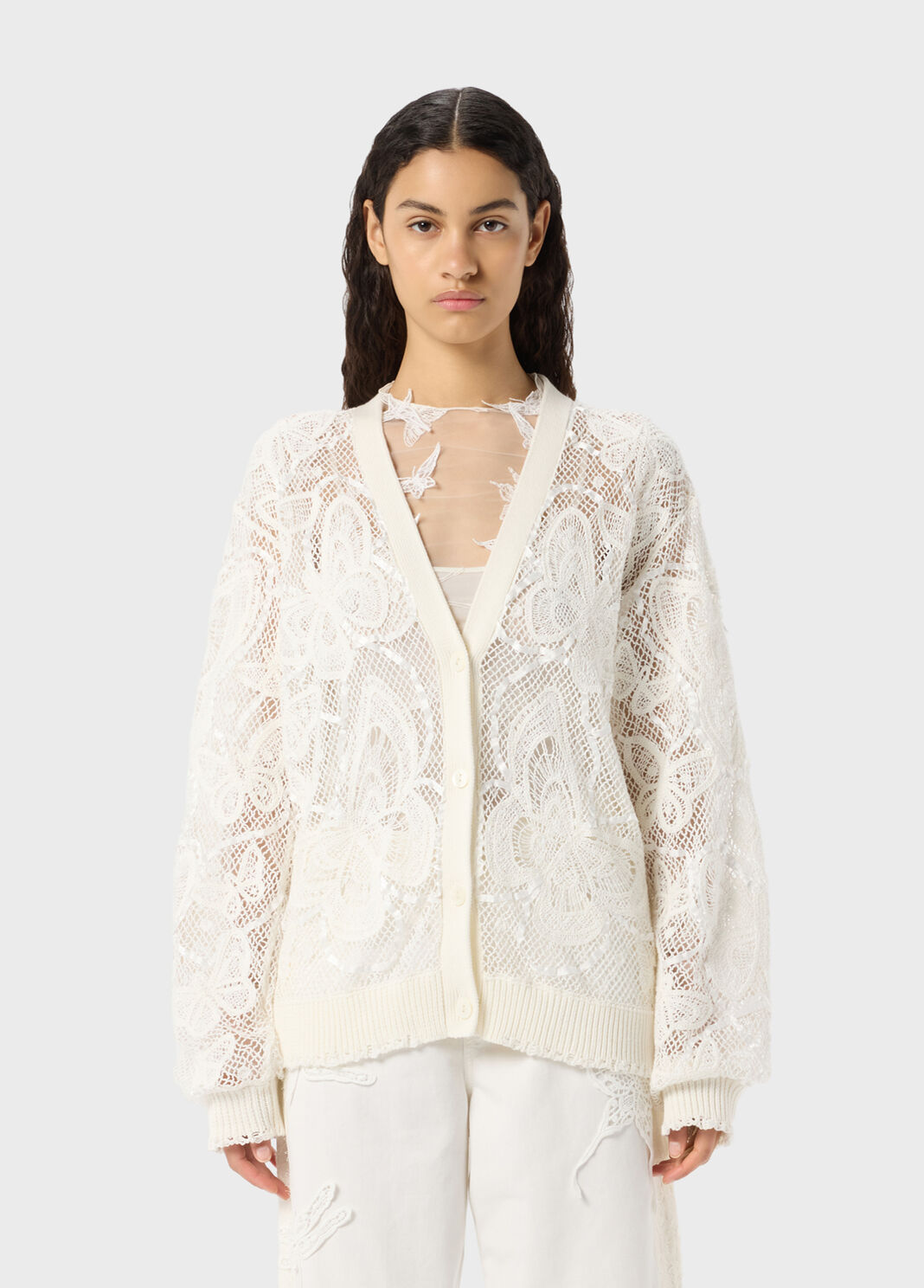 Lace Point Butterfly Cardigan with Satin Trimmings