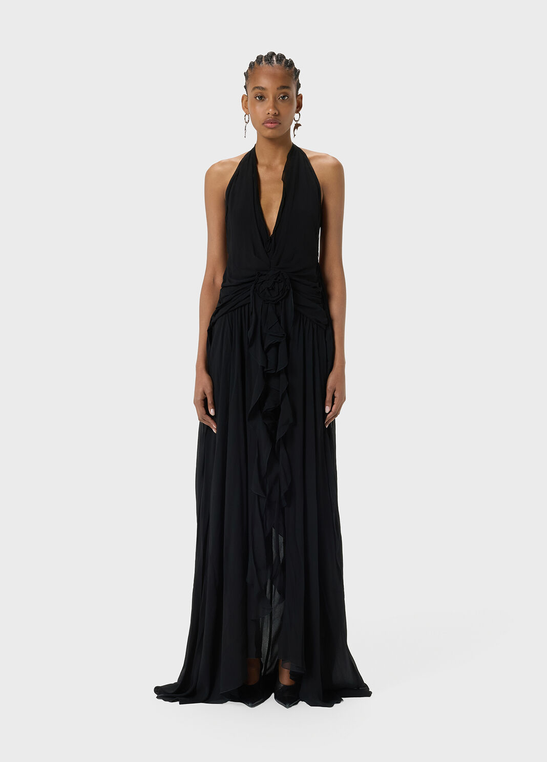 Long viscose georgette dress with rose and ruffles