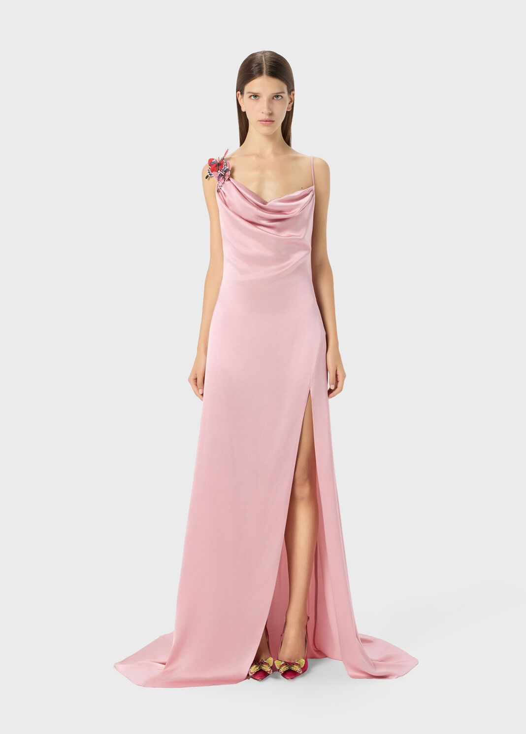 Long satin dress with butterfly and slit