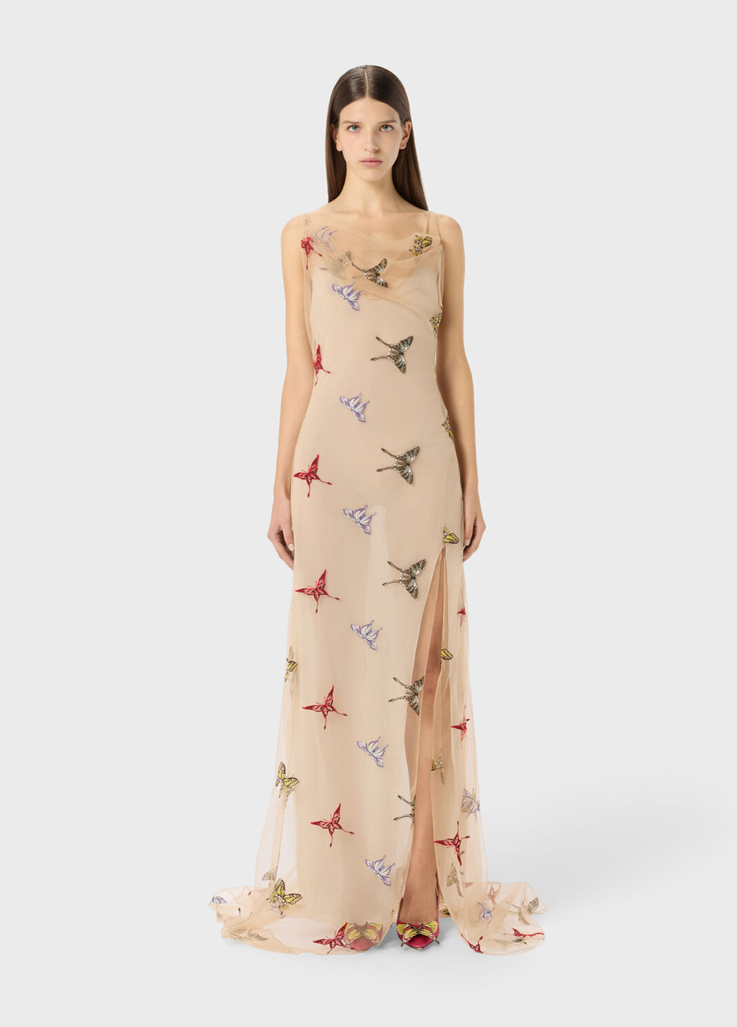 Long tulle dress with butterfly embroidery
