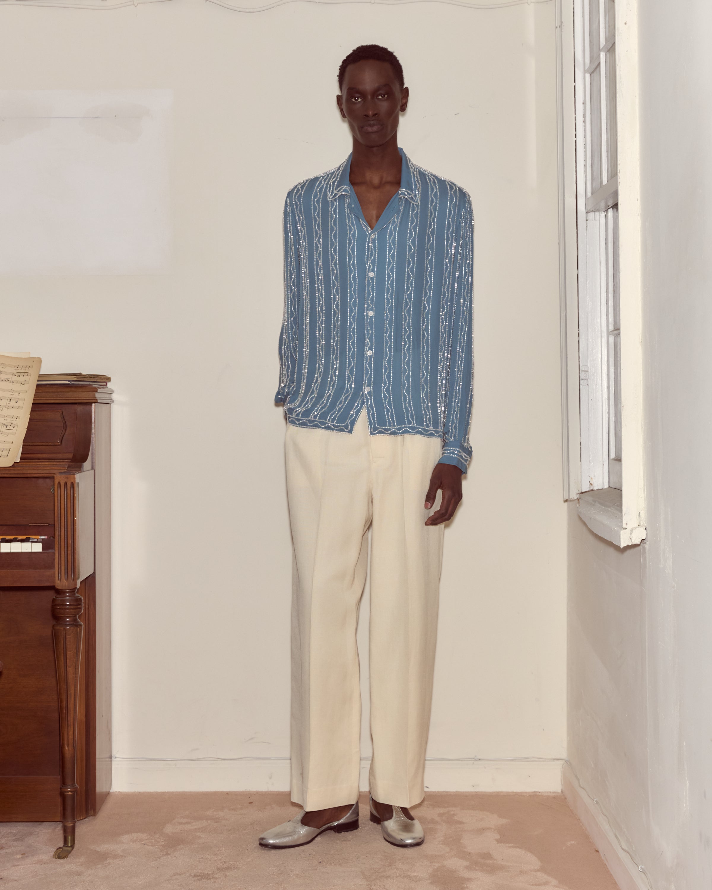 Front view of the lightweight silk shirt