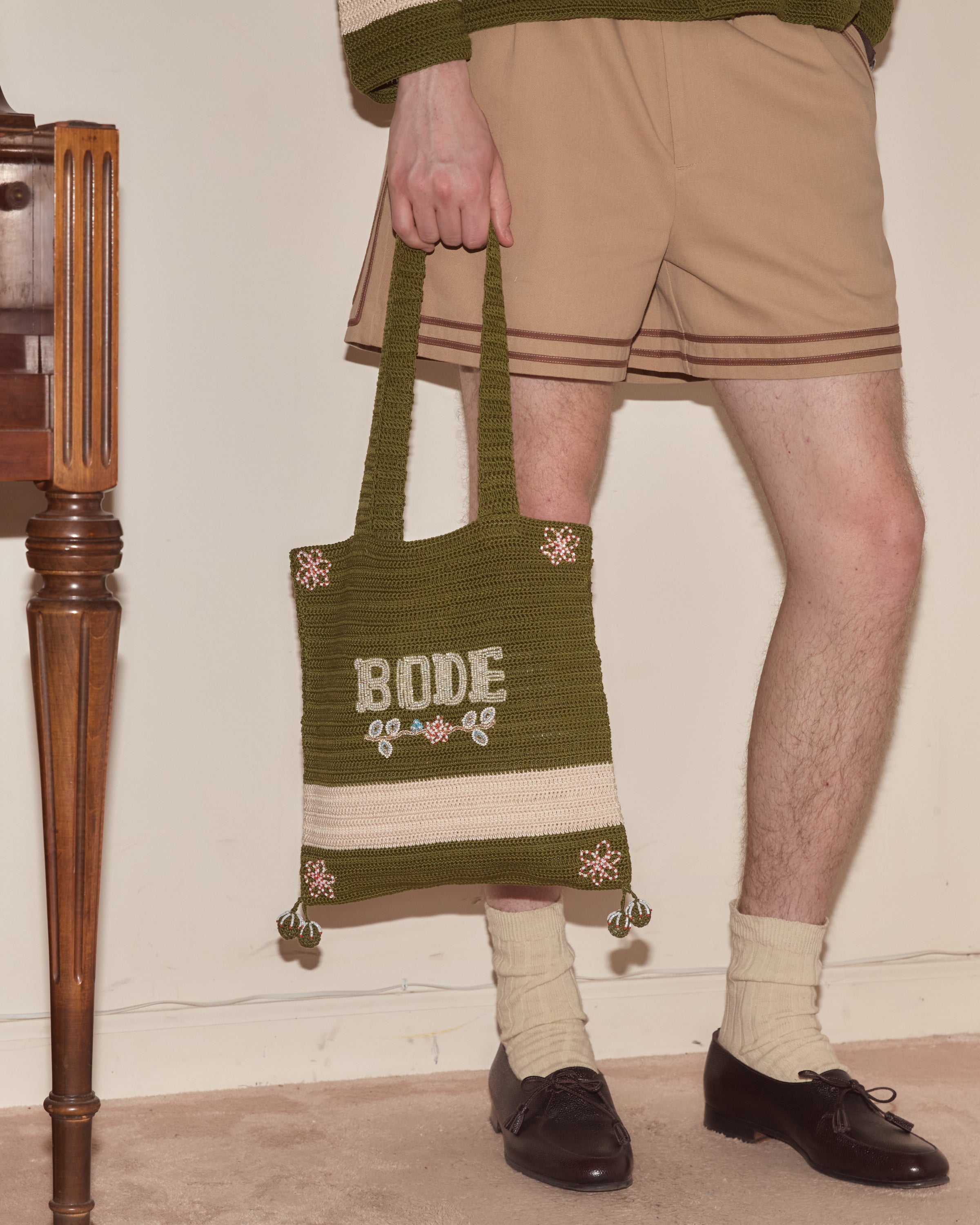 Marsh Crochet Tote in green and cream