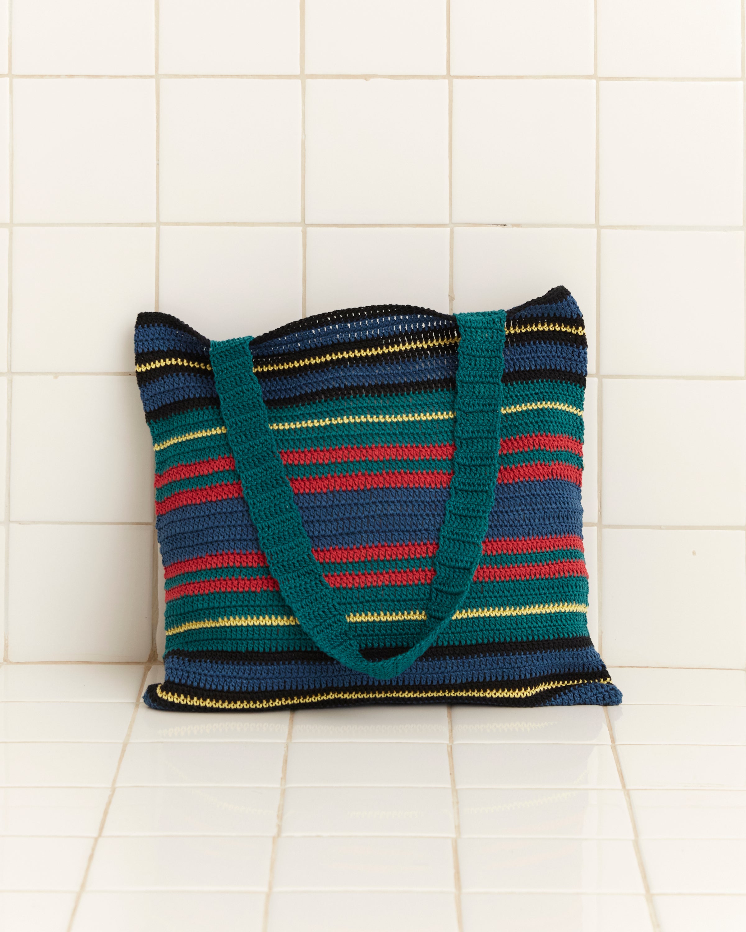 Riverbank Crochet Tote with primary-colored stripe pattern
