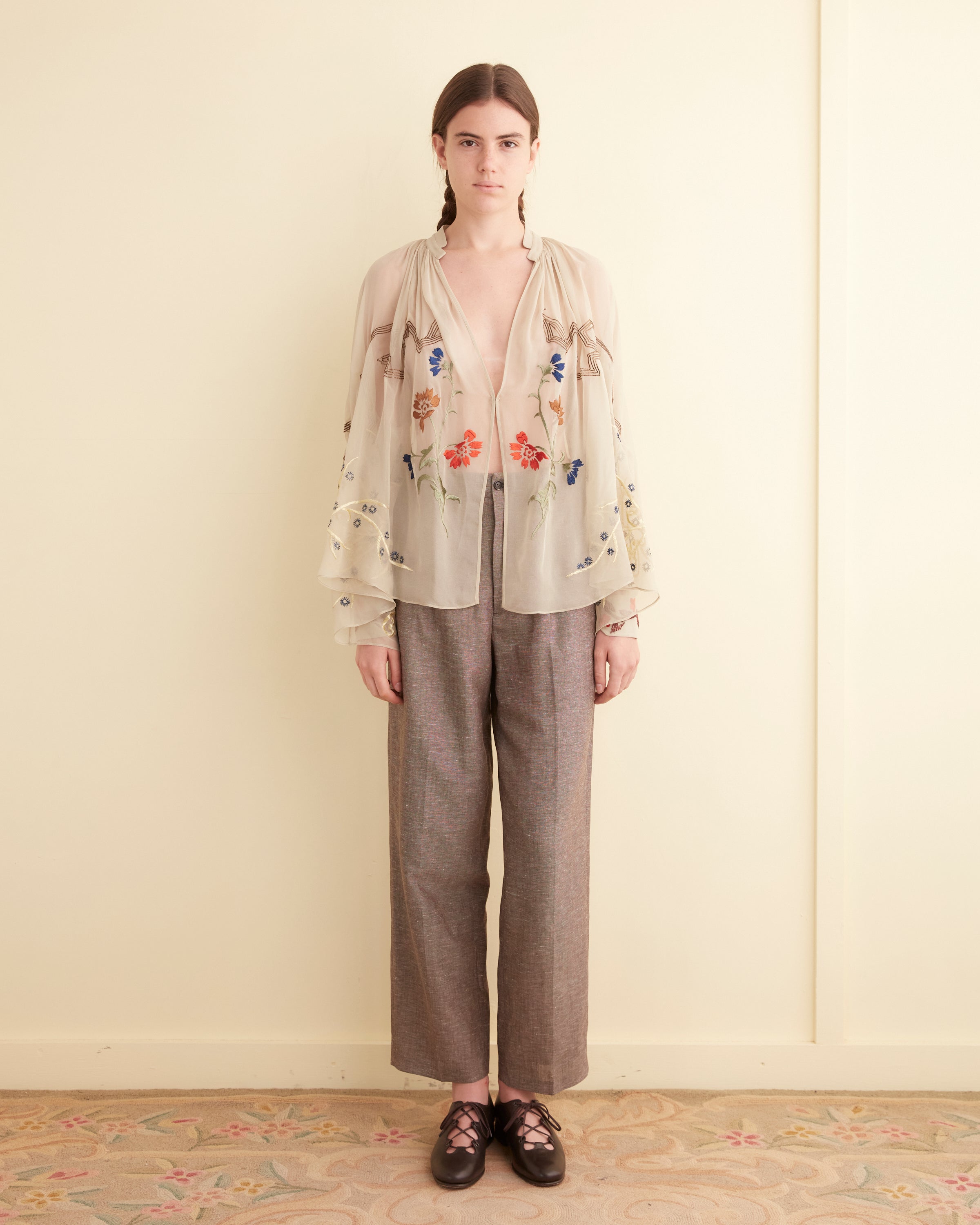 Flower Study silk shirt with reproduced embroidery