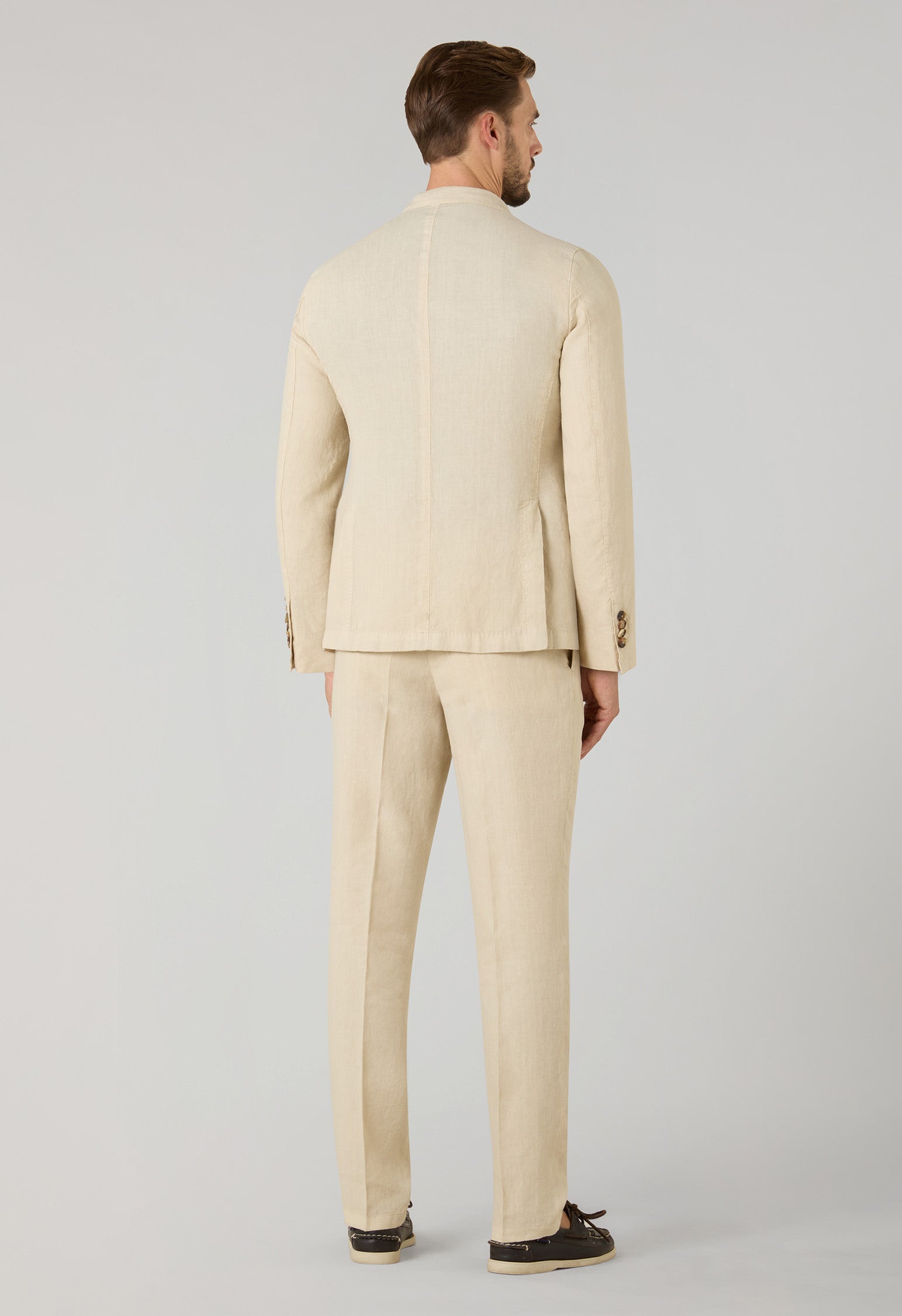 Beige Garment Dyed Linen Double-Breasted Dover Suit, angled view
