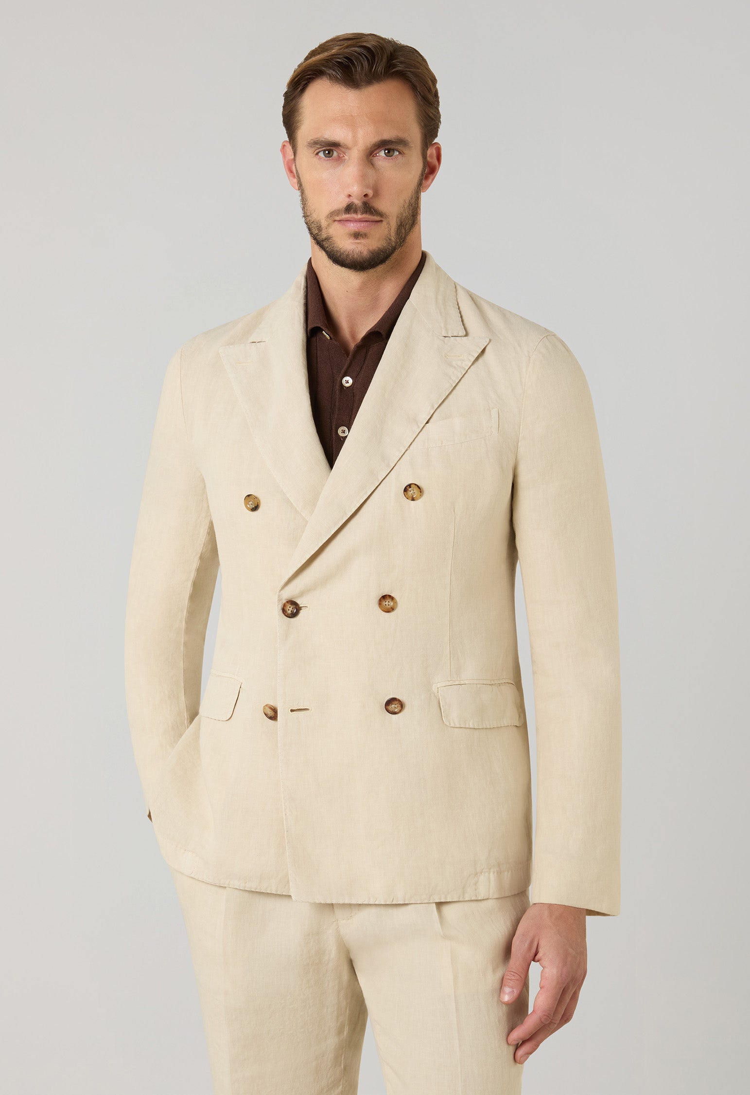 Beige Garment Dyed Linen Double-Breasted Dover Suit, side view