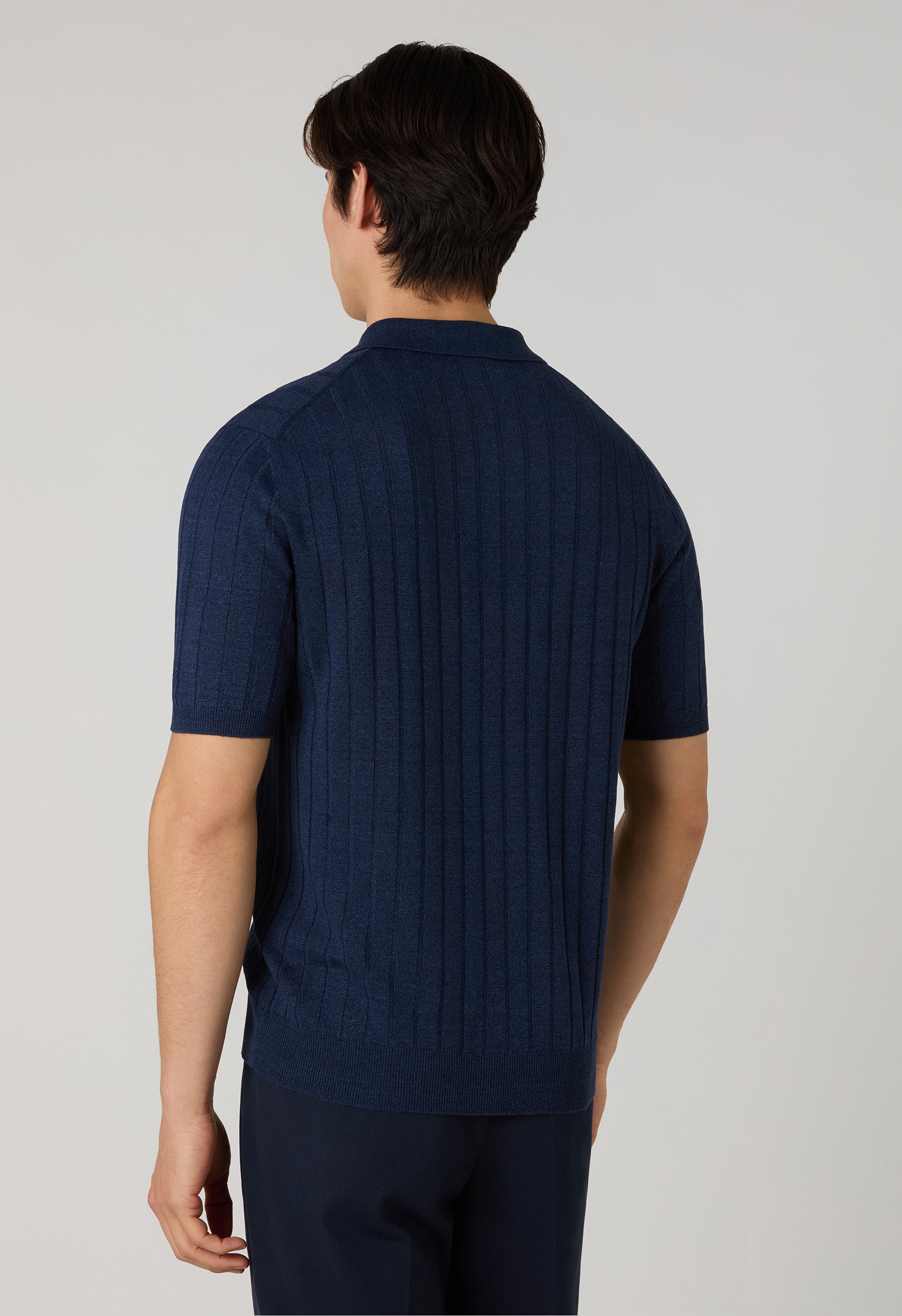 Blue Linen Cotton Flat Rib Short-Sleeve Polo, angled view