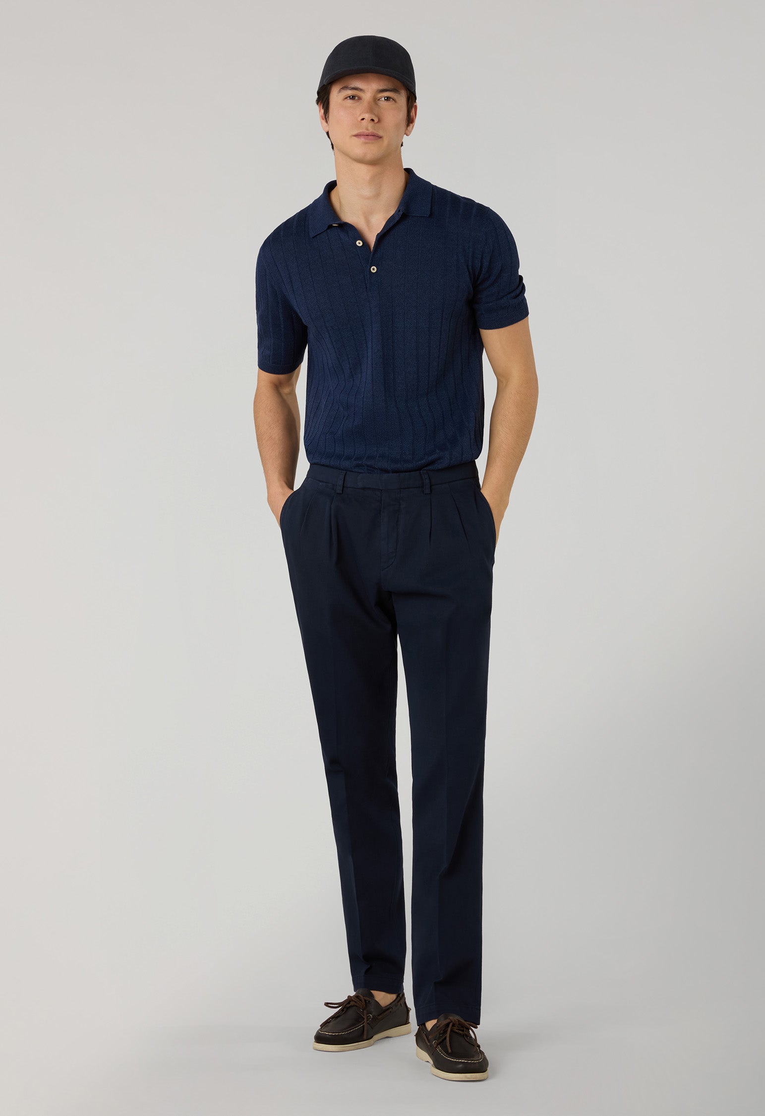 Blue Linen Cotton Flat Rib Short-Sleeve Polo, side view