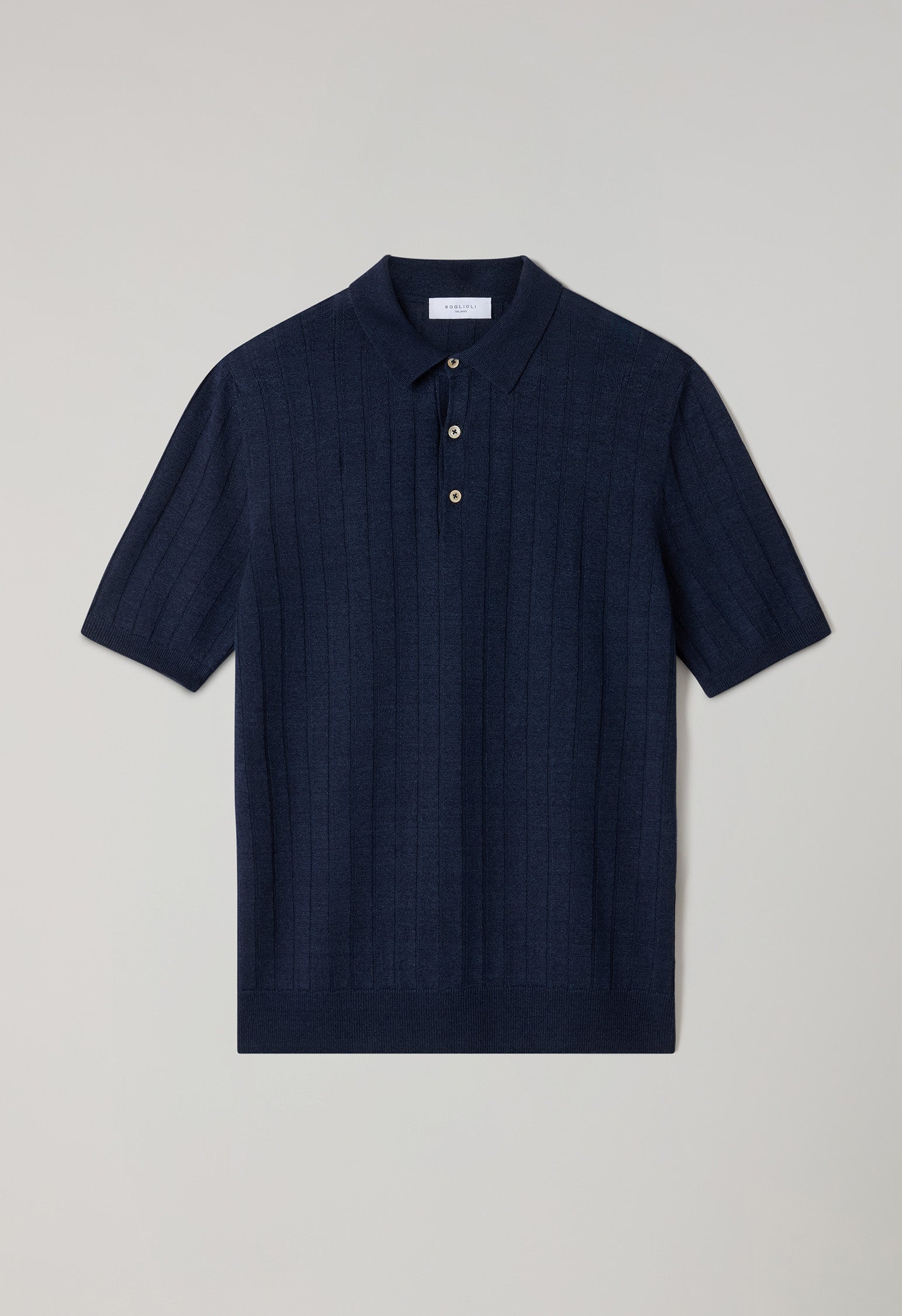 Blue Linen Cotton Flat Rib Short-Sleeve Polo, back view