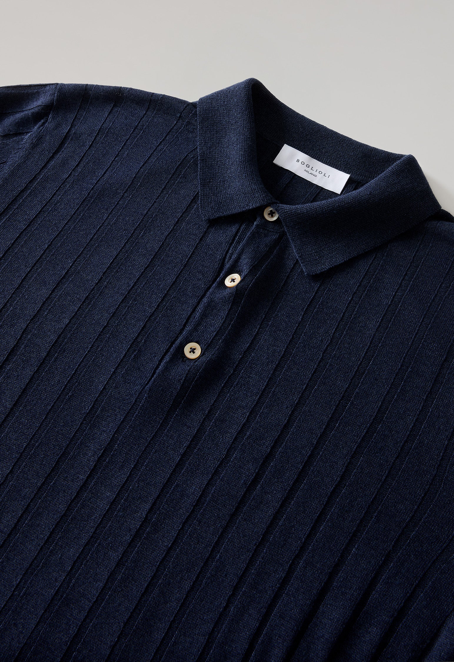 Blue Linen Cotton Flat Rib Short-Sleeve Polo, fabric or detail view