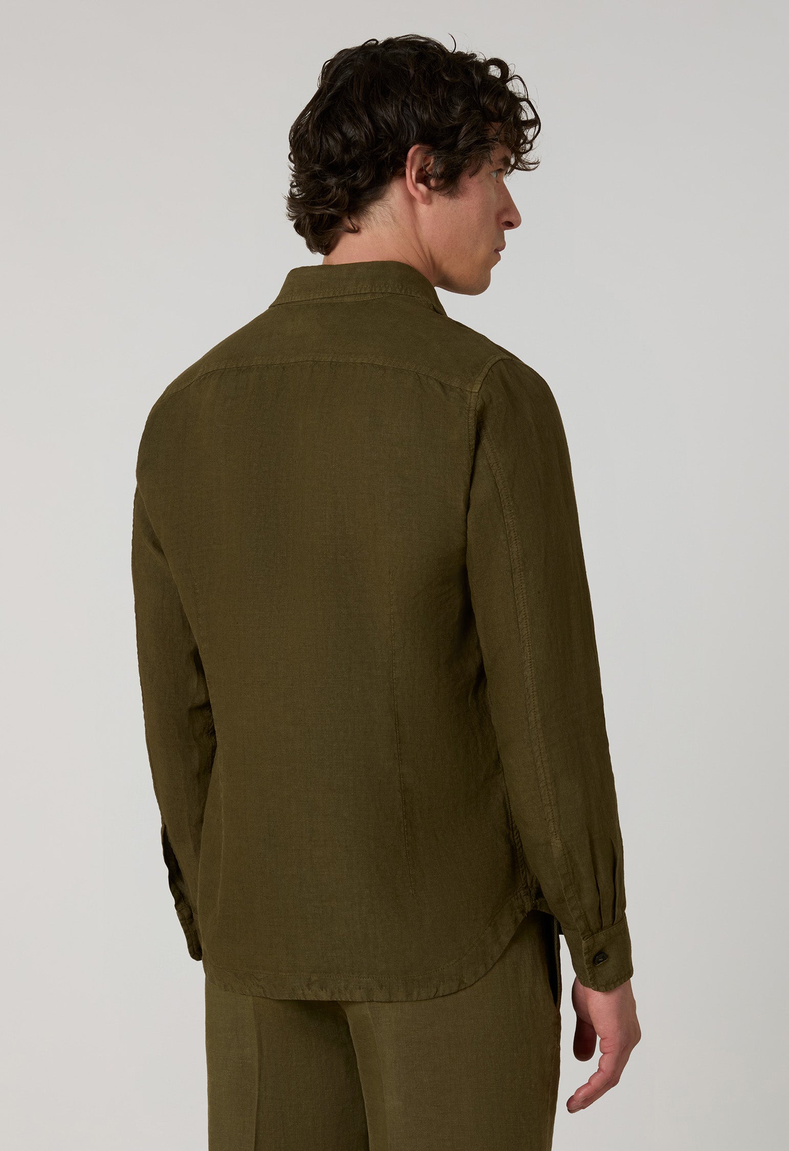 Green Garment Dyed Linen Overshirt, angled view