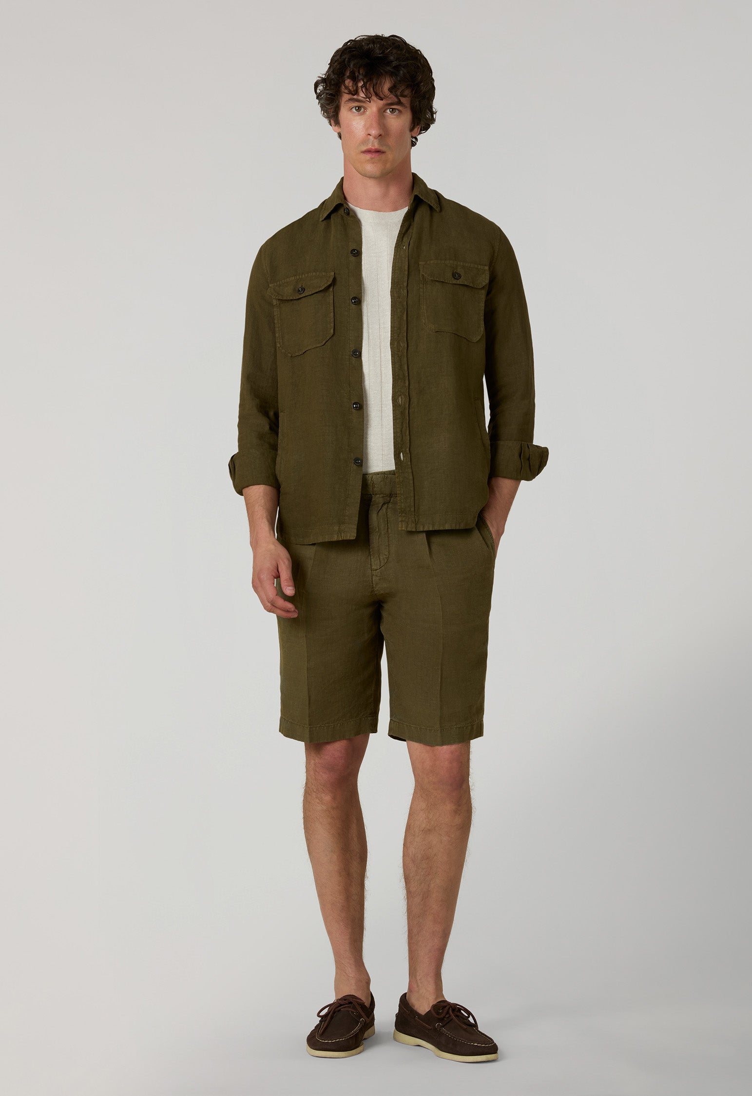 Green Garment Dyed Linen Overshirt, side view