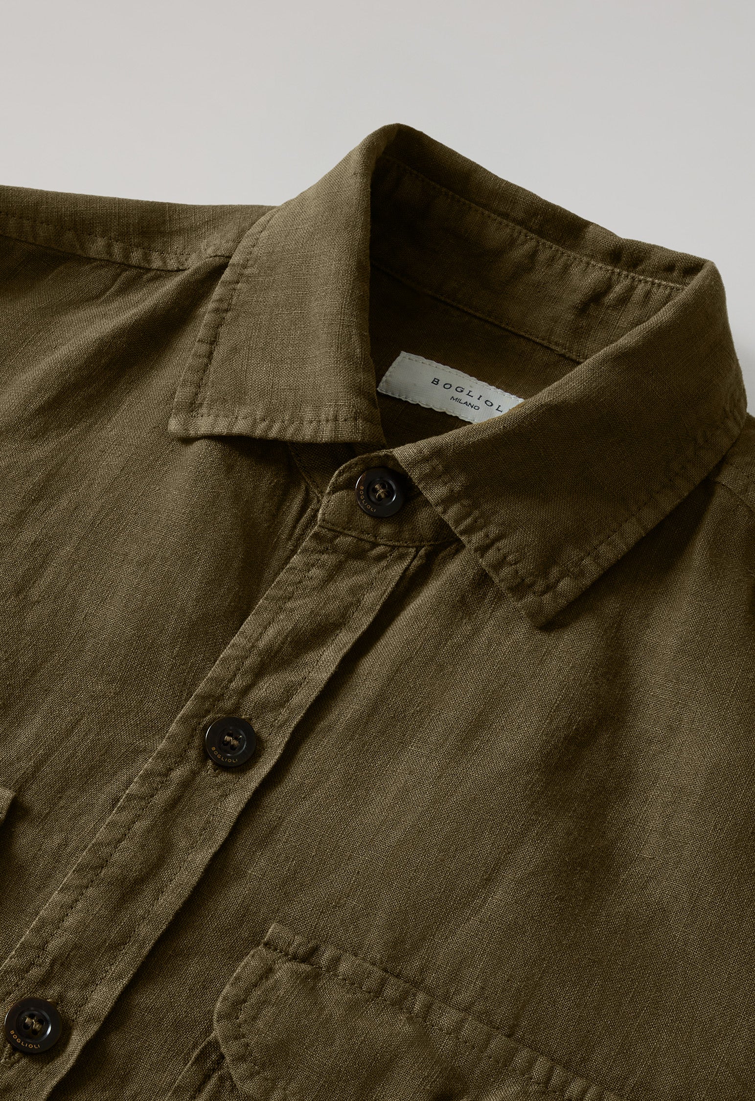 Green Garment Dyed Linen Overshirt, fabric or detail view