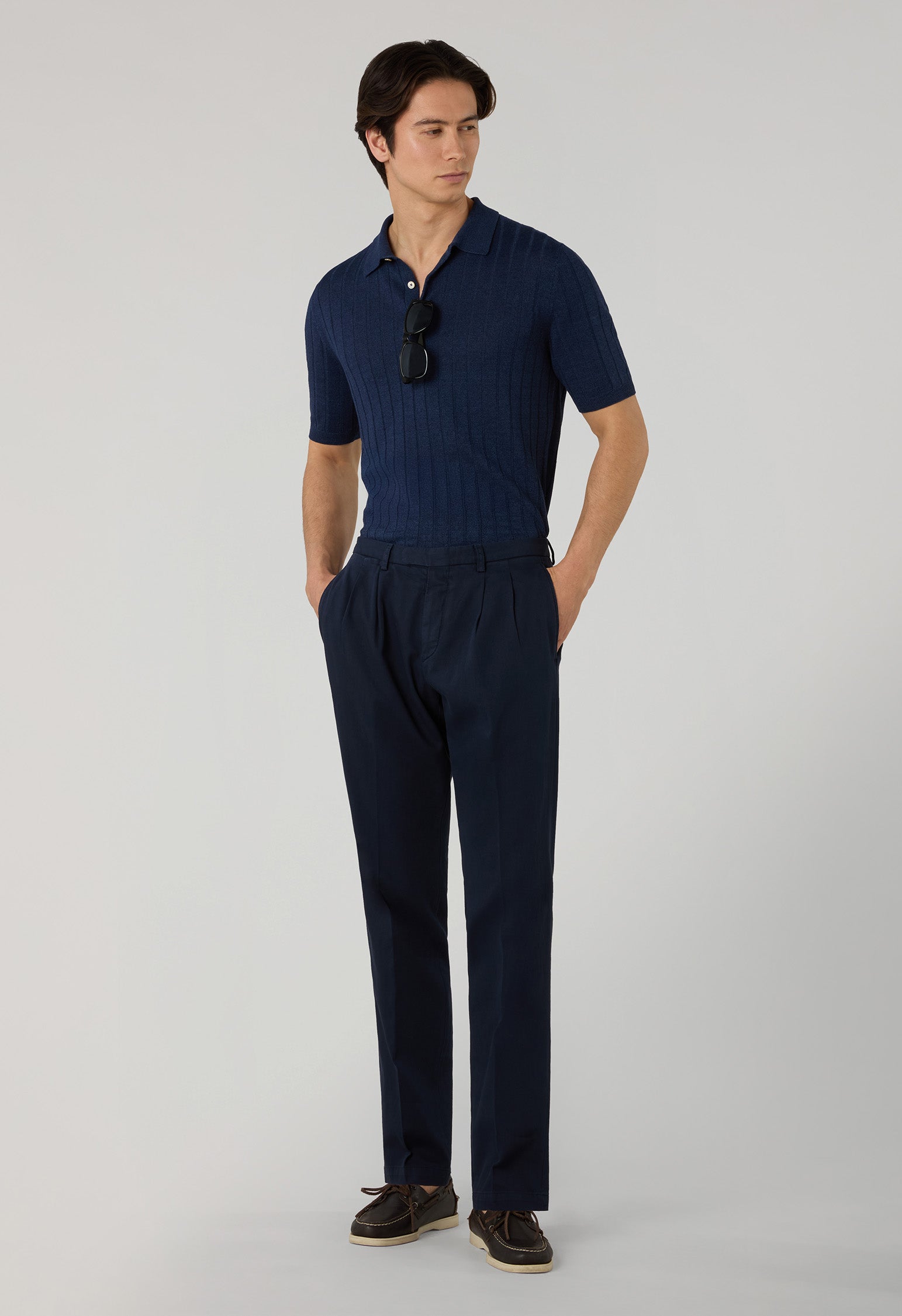 Blue Garment Dyed Stretch Cotton Napoli Trousers, side view