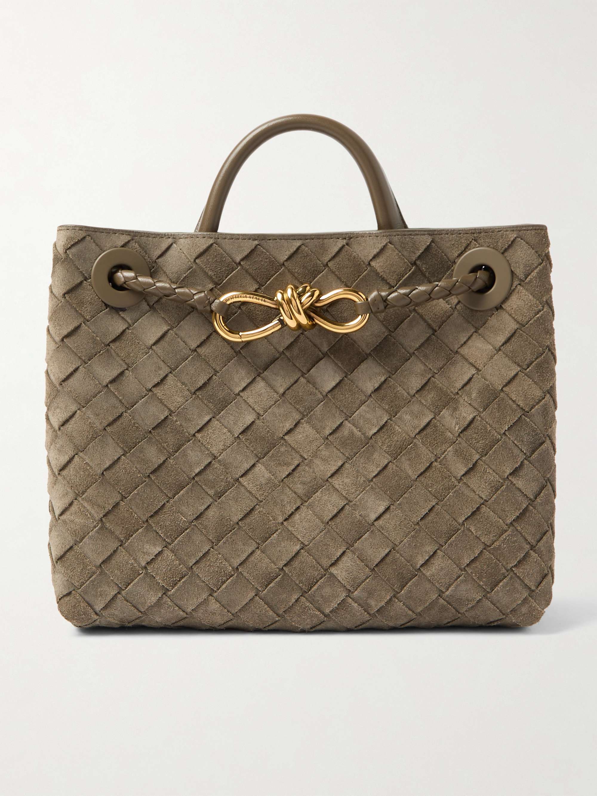 Small in taupe suede Intrecciato — the weave rendered in nubuck
