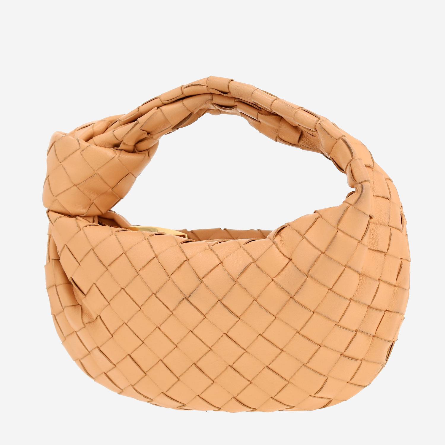 Mini in caramel woven lambskin, top-down on the knot detail