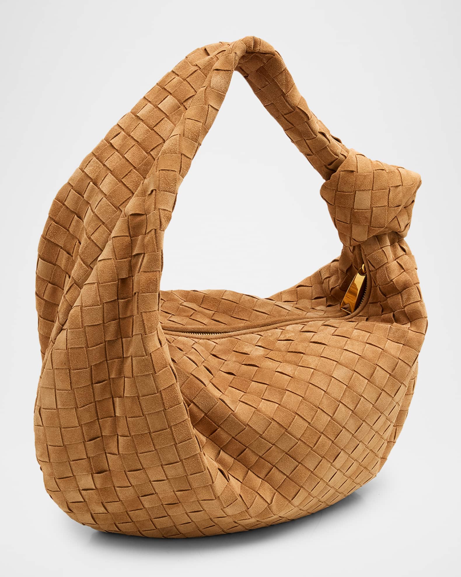 Teen Jodie in camel suede Intrecciato, three-quarter angle
