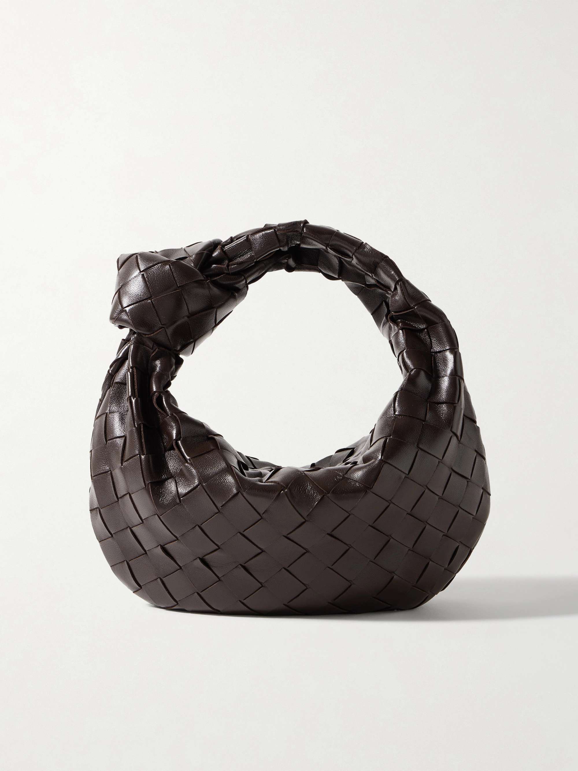 Mini in chocolate woven leather — the hobo crescent at rest