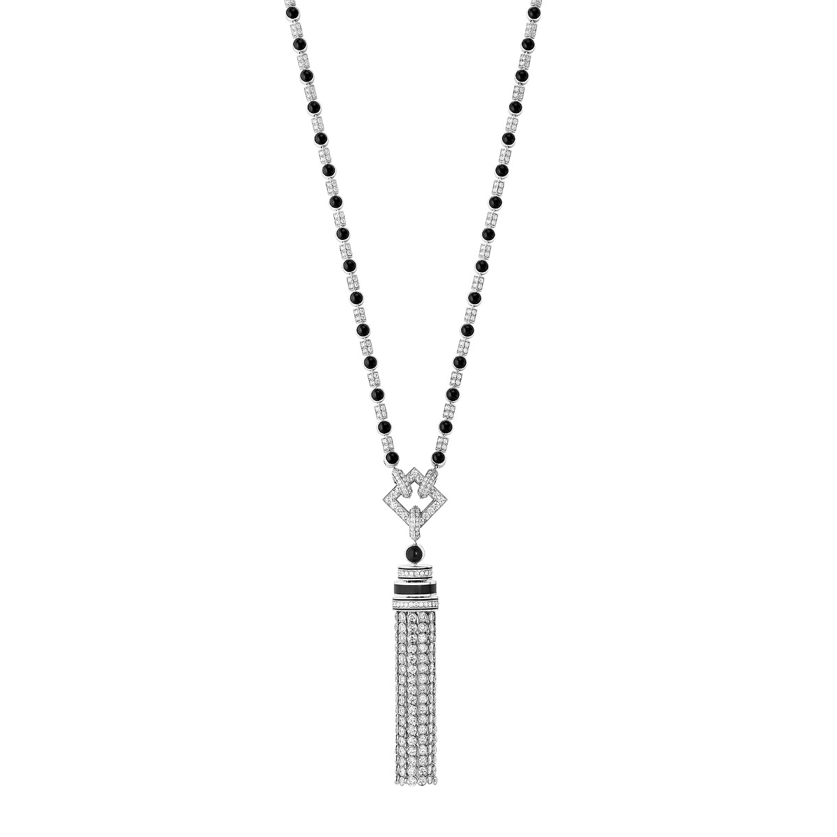 Full-length view of the black-and-white necklace