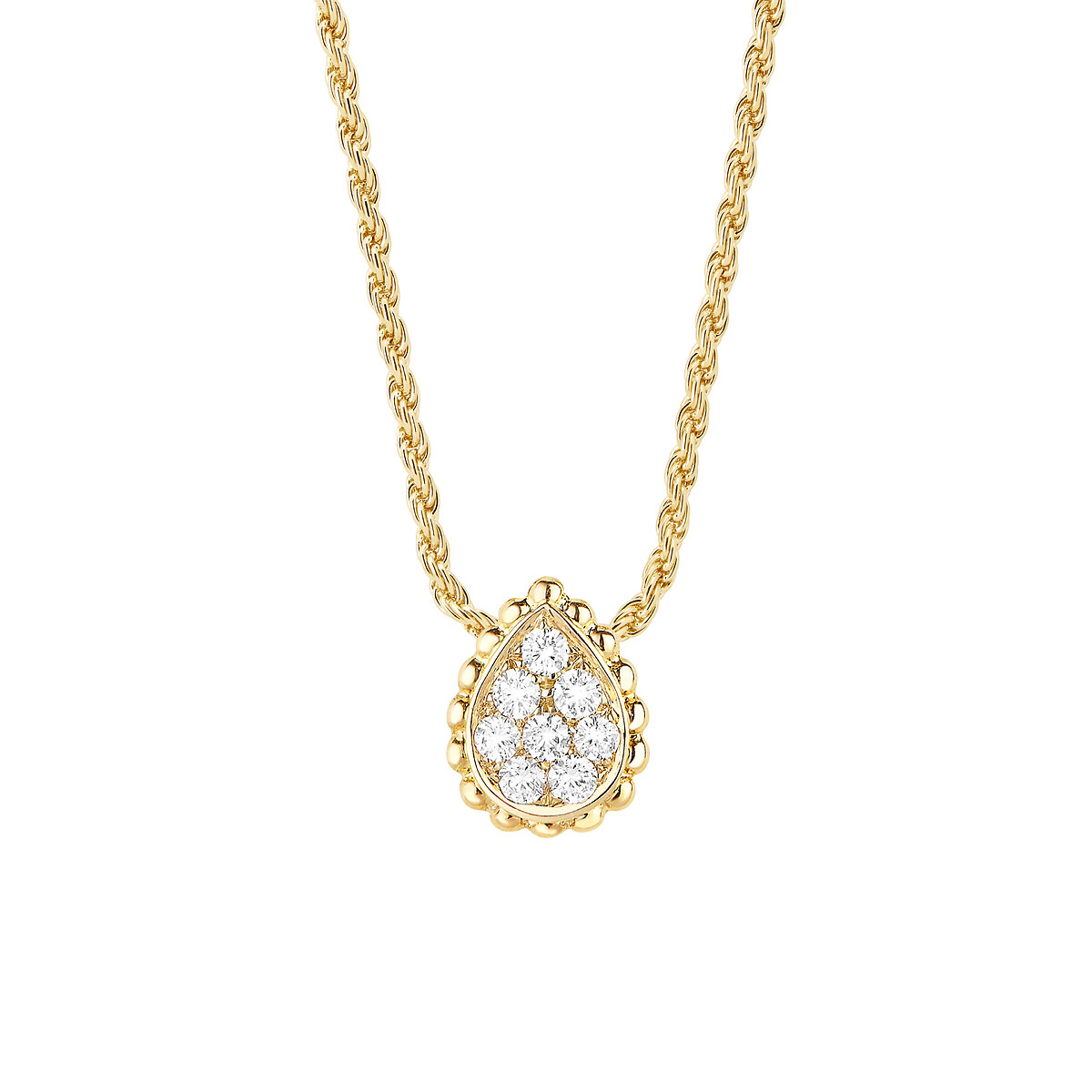 Close view of the pavé drop and beaded gold border