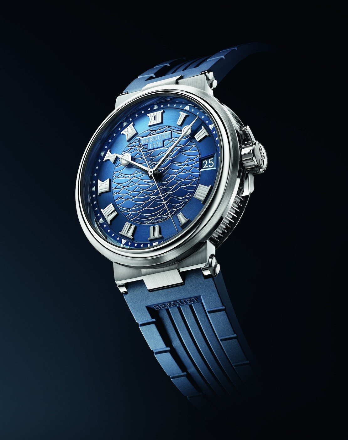 White-gold execution with a blue strap
