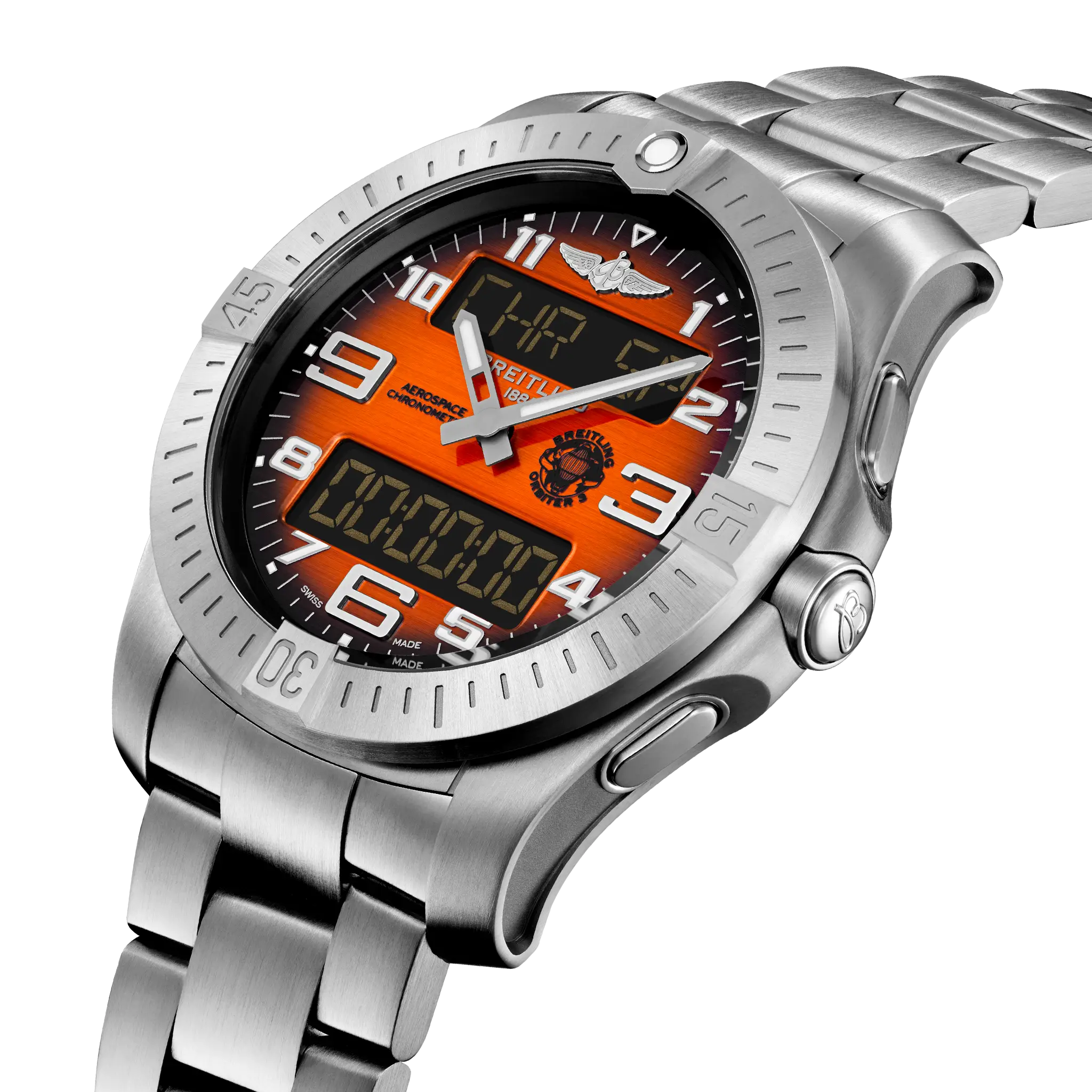 Three-quarter view of the ana-digi display and bezel