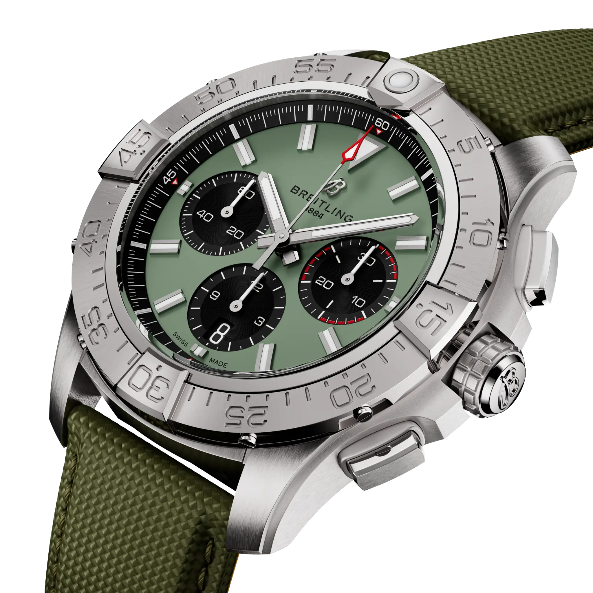 Three-quarter view of the grippy bezel and chronograph pushers