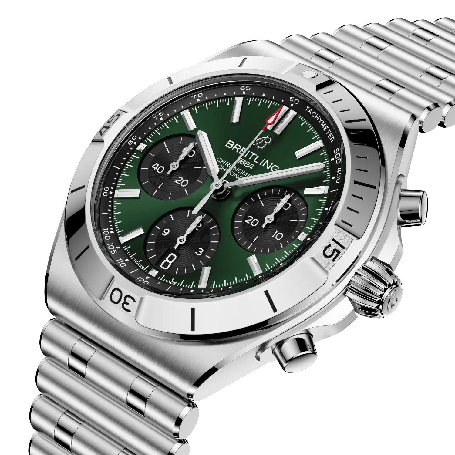 Three-quarter view of the rider-tab bezel and integrated bracelet