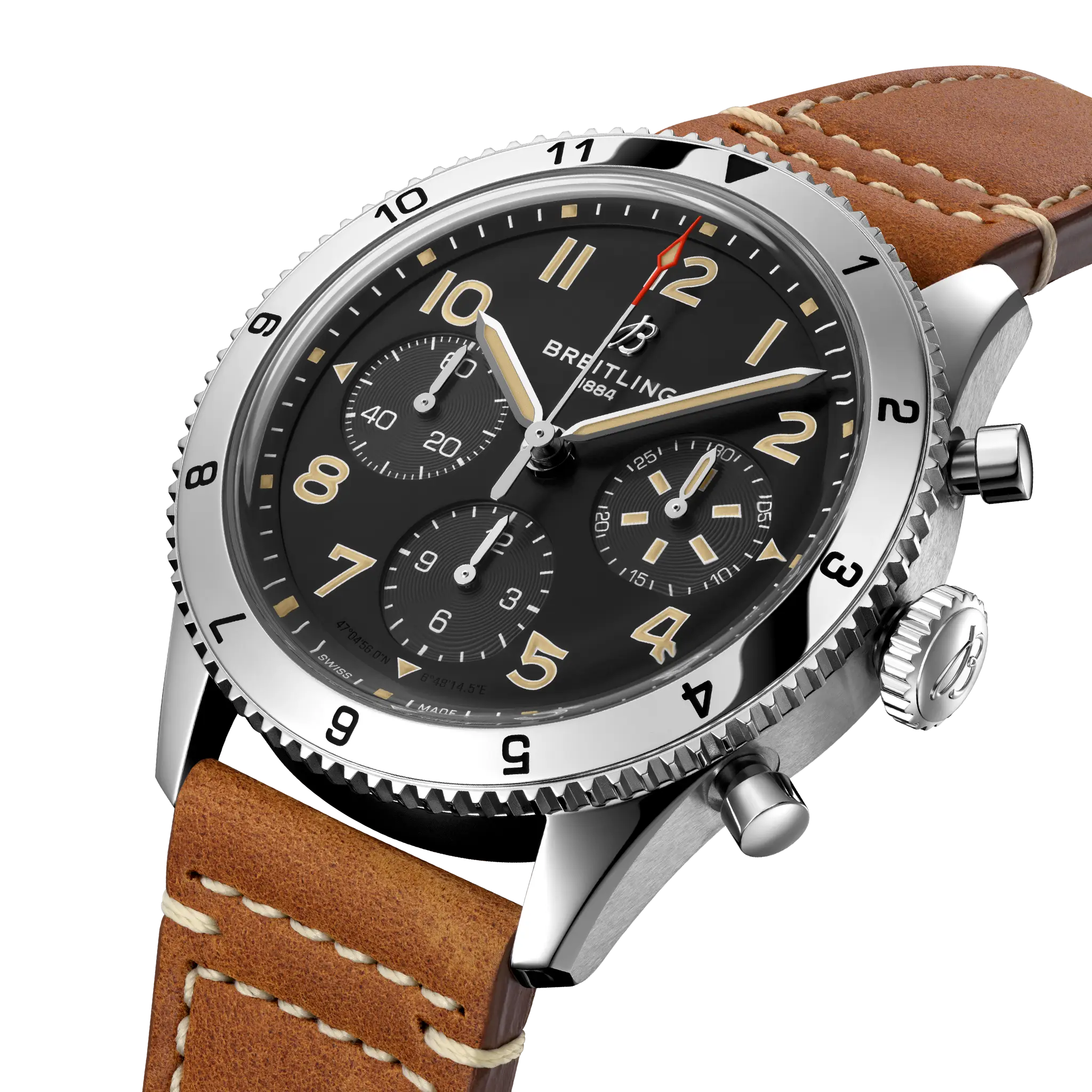 Three-quarter view showing the oversized Arabic numerals and rotating bezel