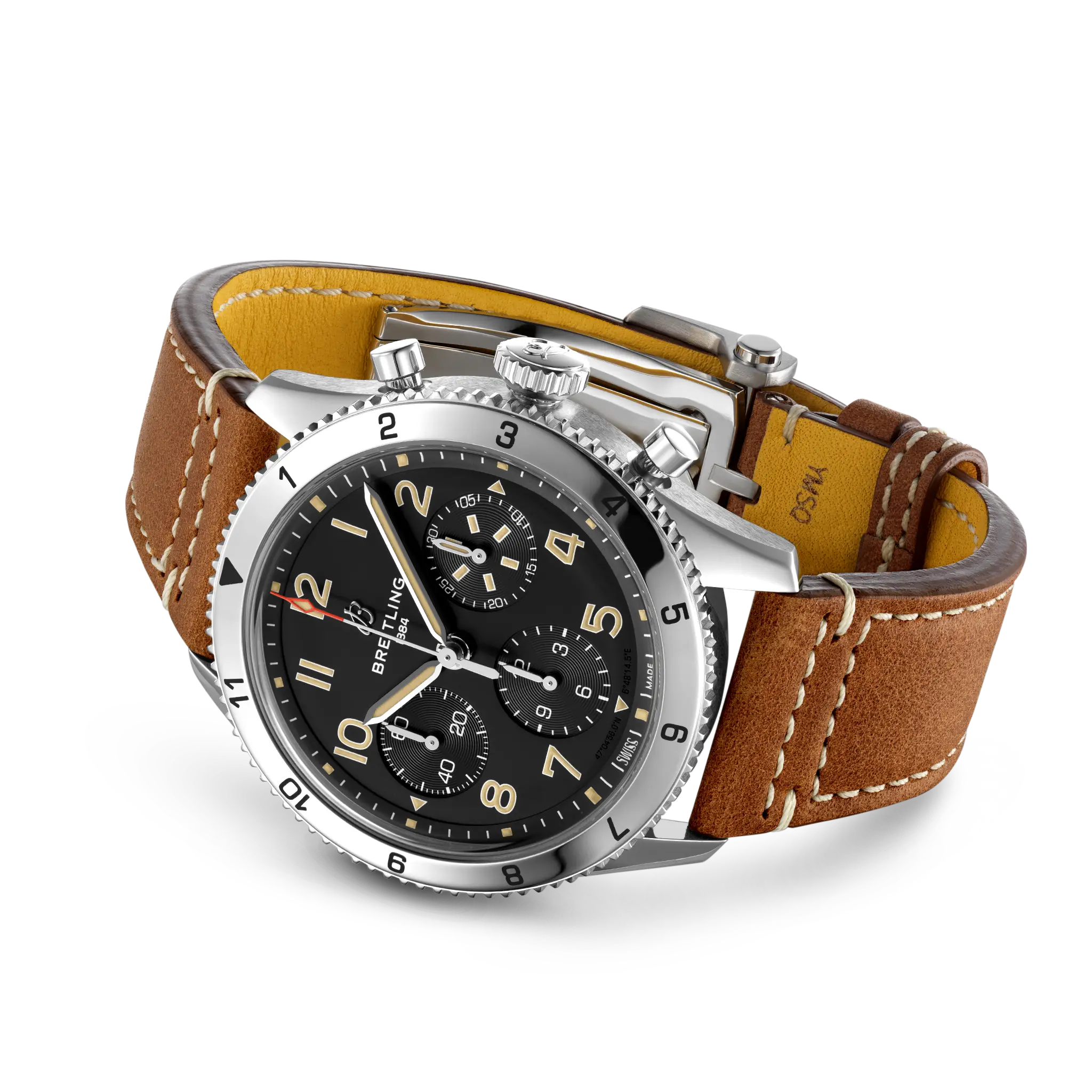 Rolled strap view of the pilot-watch case and leather strap