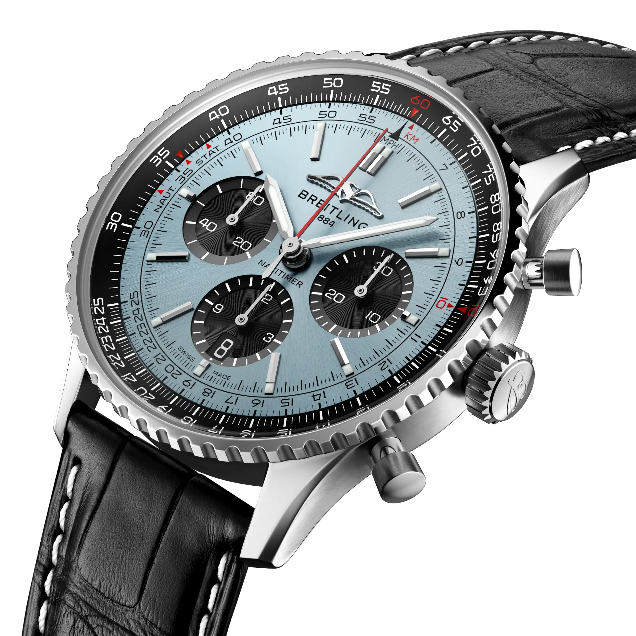 Three-quarter official view showing the chronograph pushers and ice-blue dial