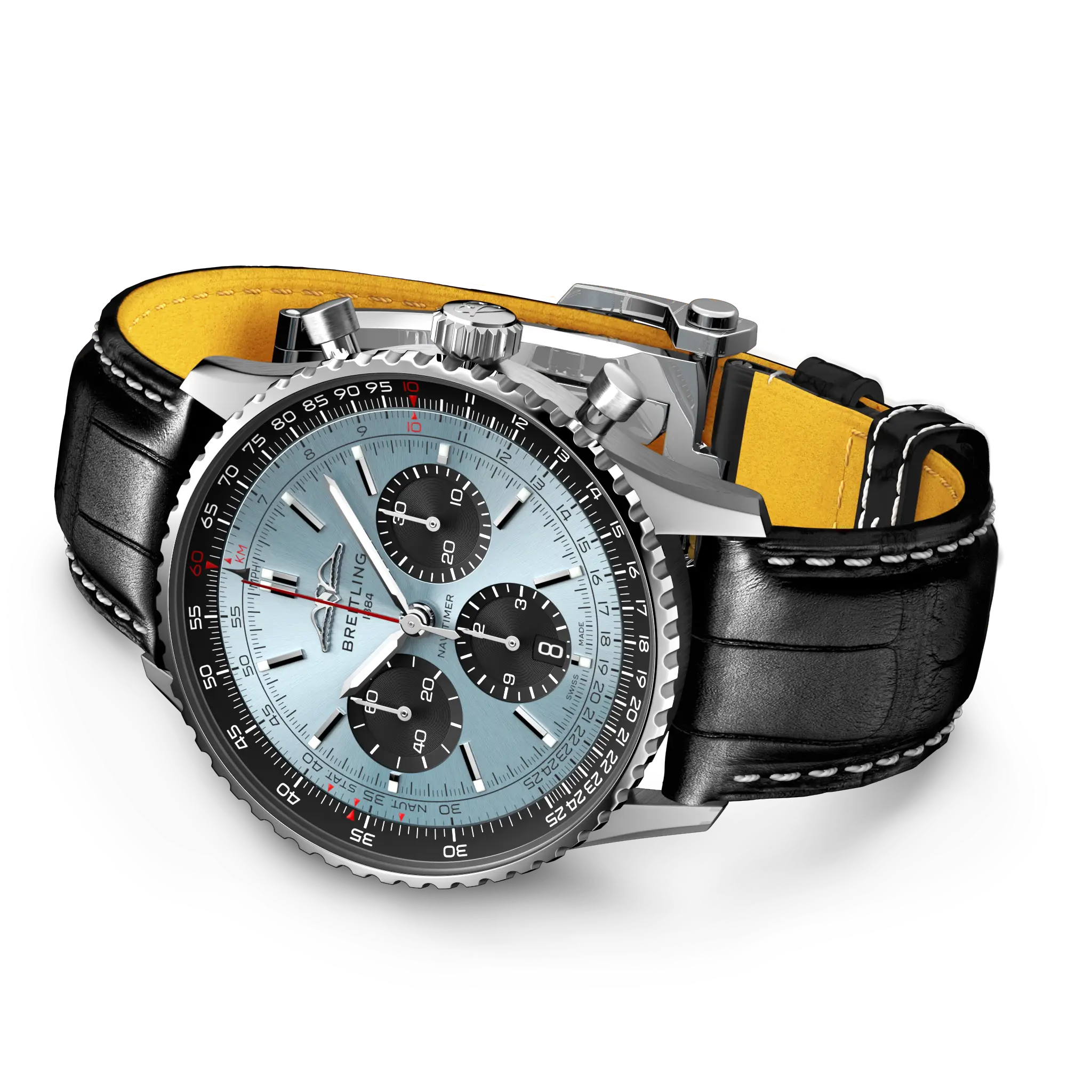 Rolled strap view highlighting the alligator leather strap and polished lugs