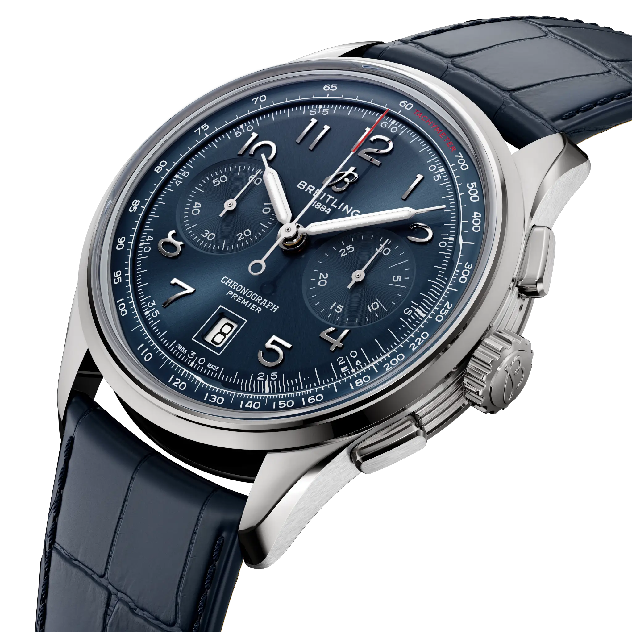 Three-quarter view of the polished case and balanced bicompax dial