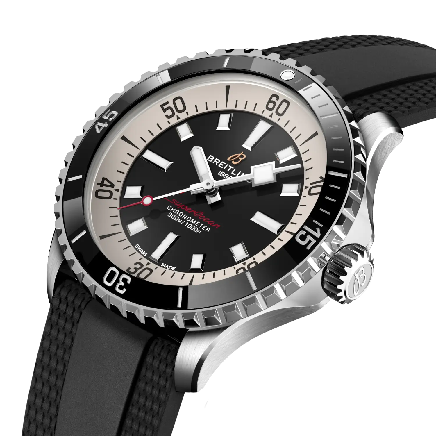 Three-quarter view of the unidirectional dive bezel