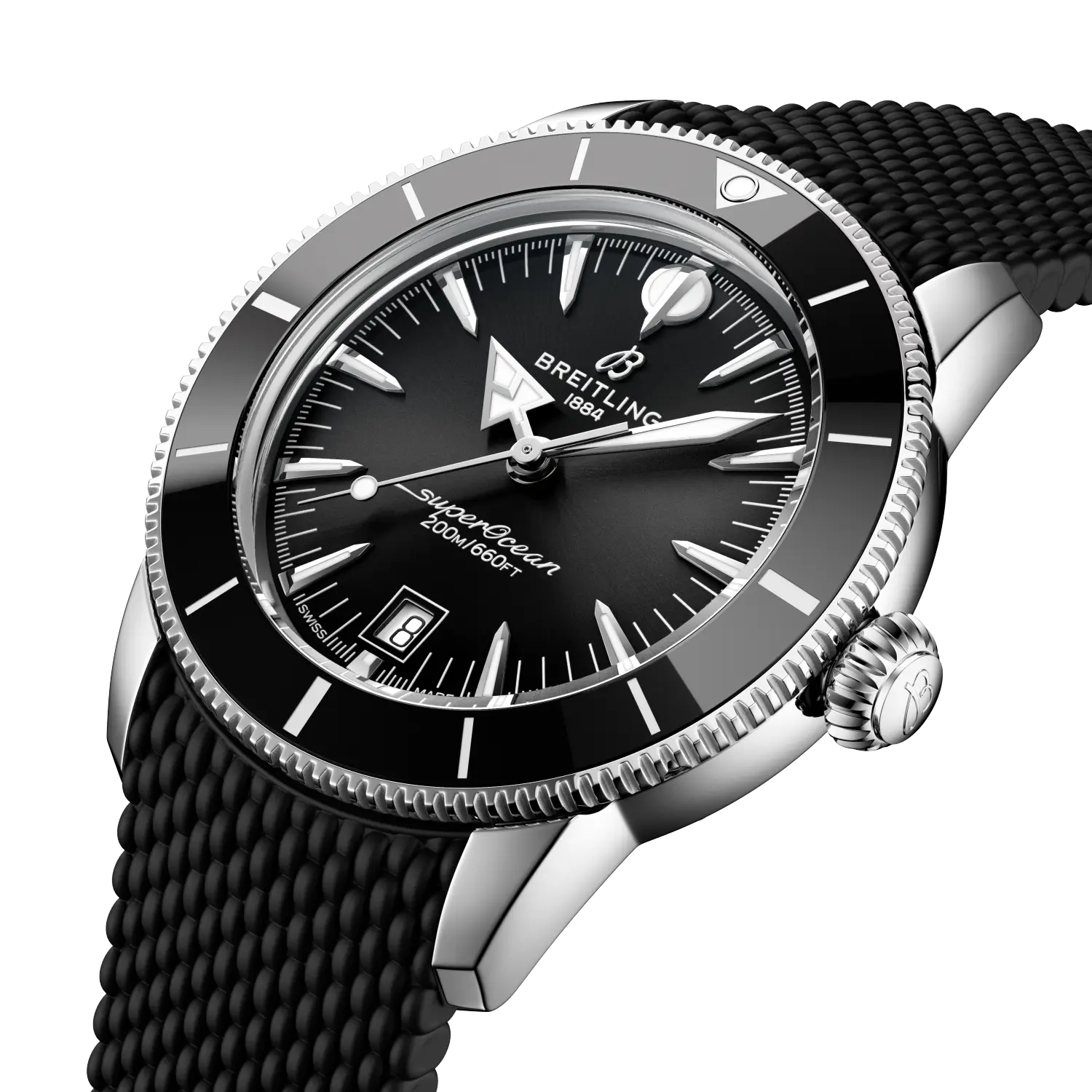 Three-quarter view of the polished bezel and mesh-style rubber strap