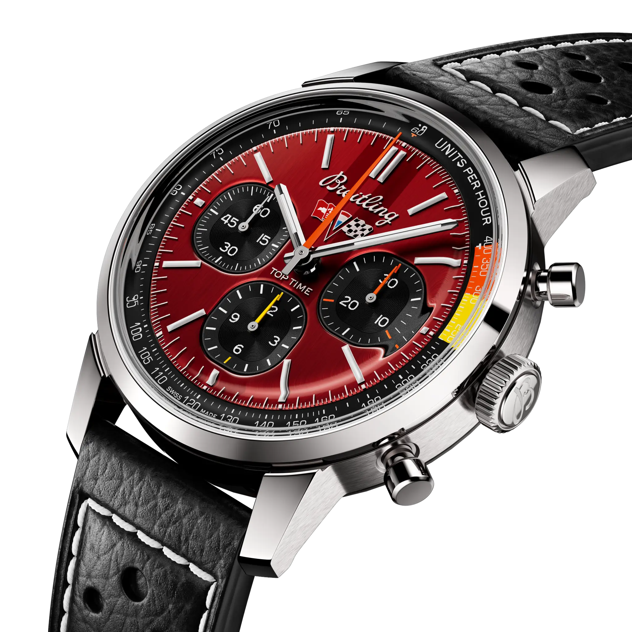 Three-quarter official view of the mushroom pushers and tachymeter bezel