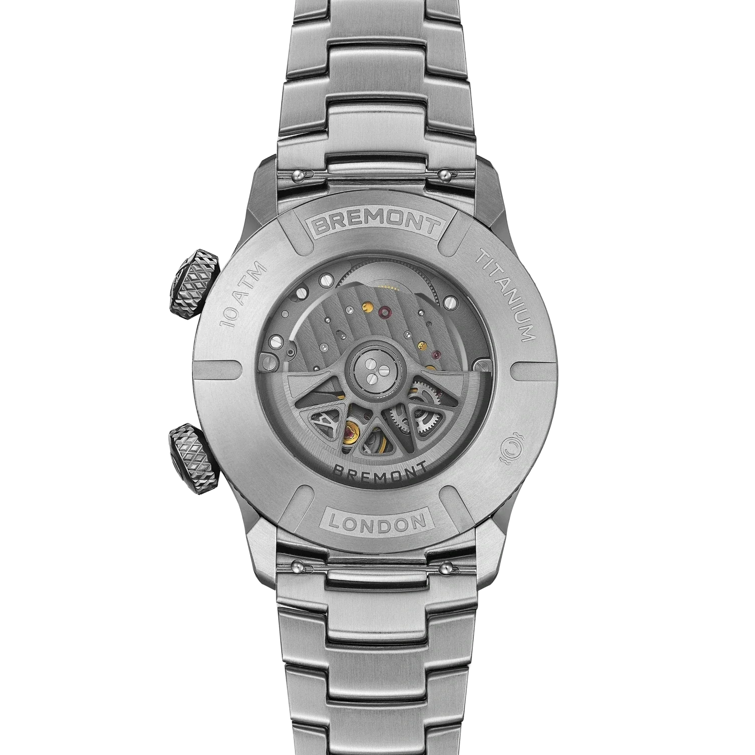 Dial detail with the striped ejection-pull counterweight on the seconds hand