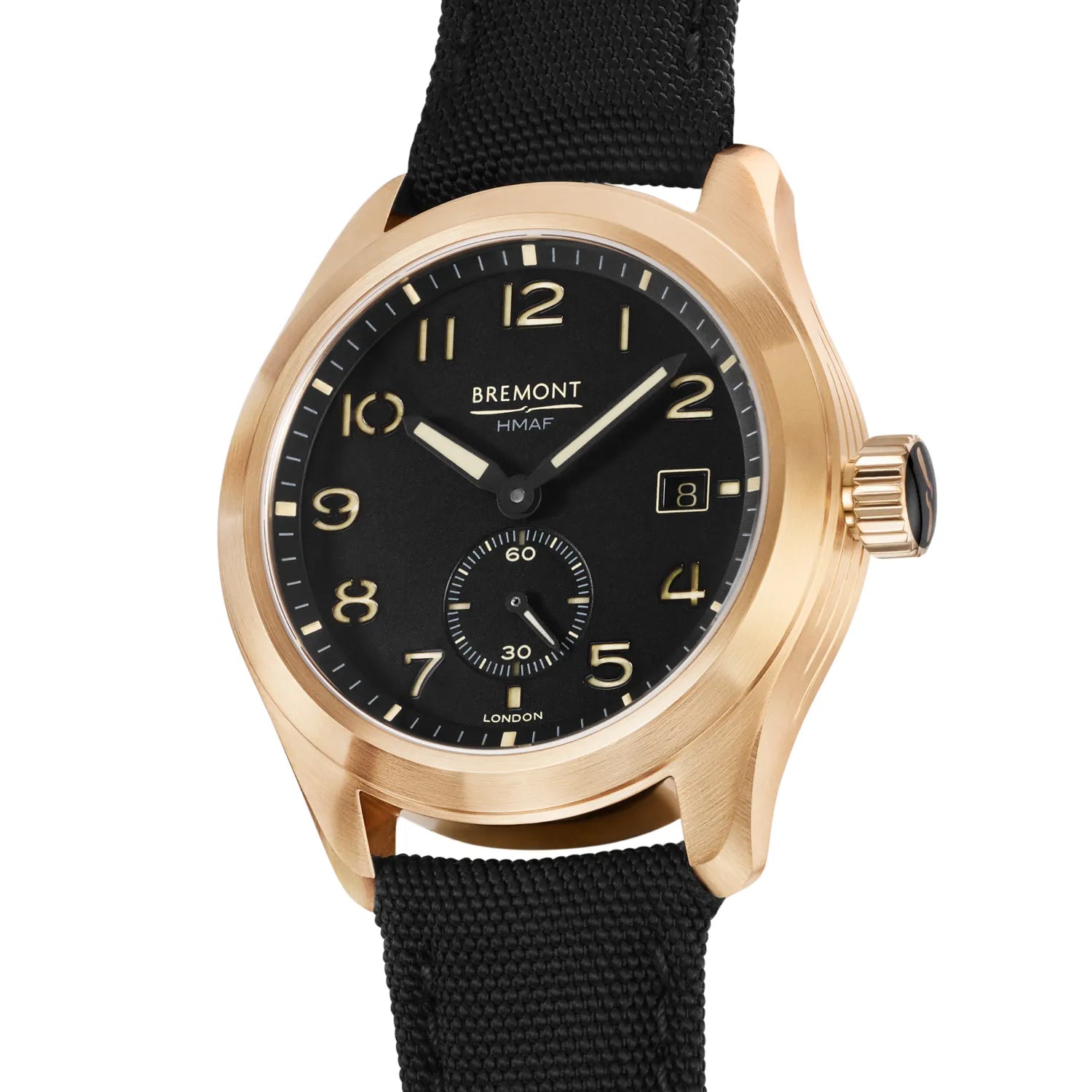 Three-quarter case view of the bronze field watch