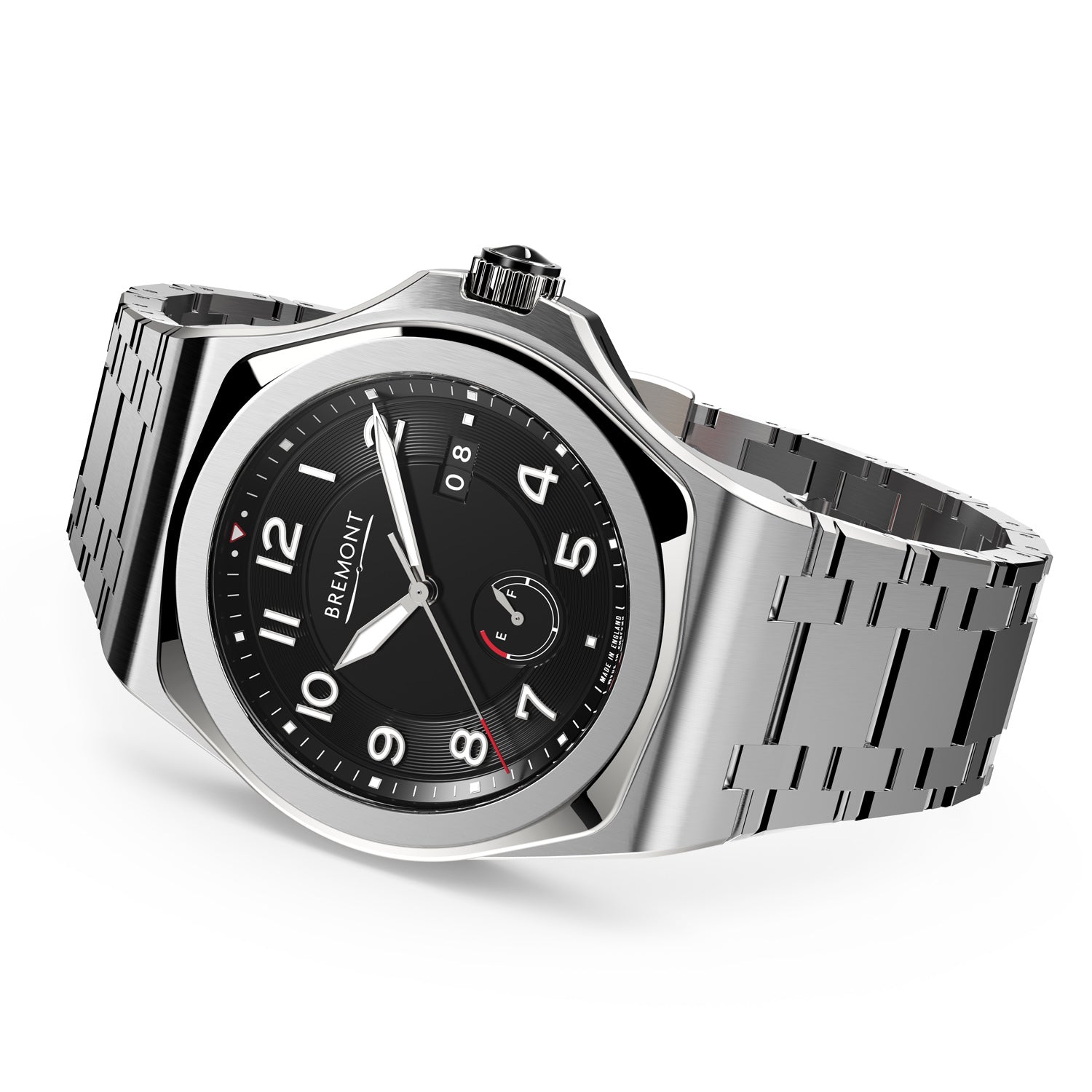 Angled view of the integrated bracelet and case finishing