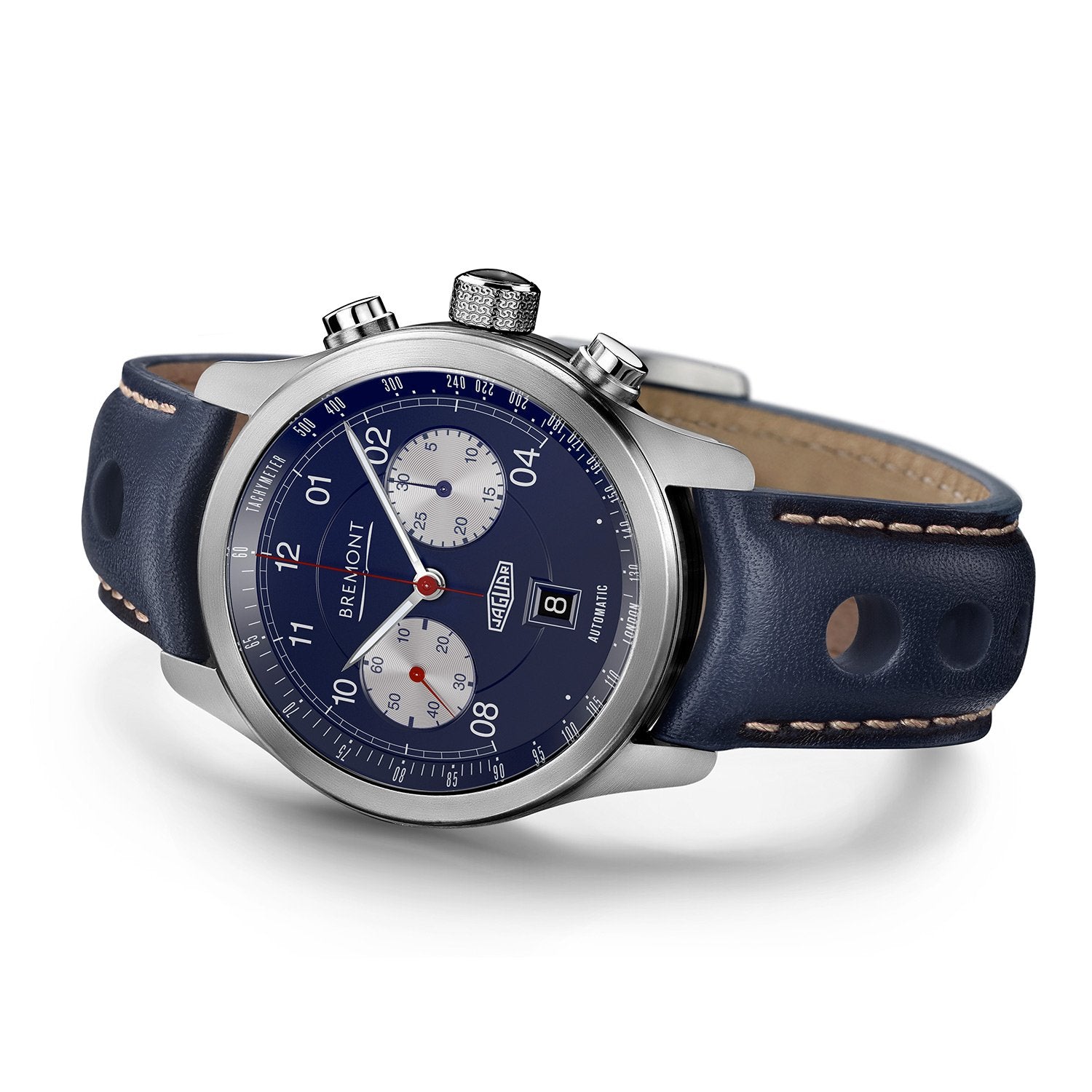 Blue Jaguar leather strap and case side