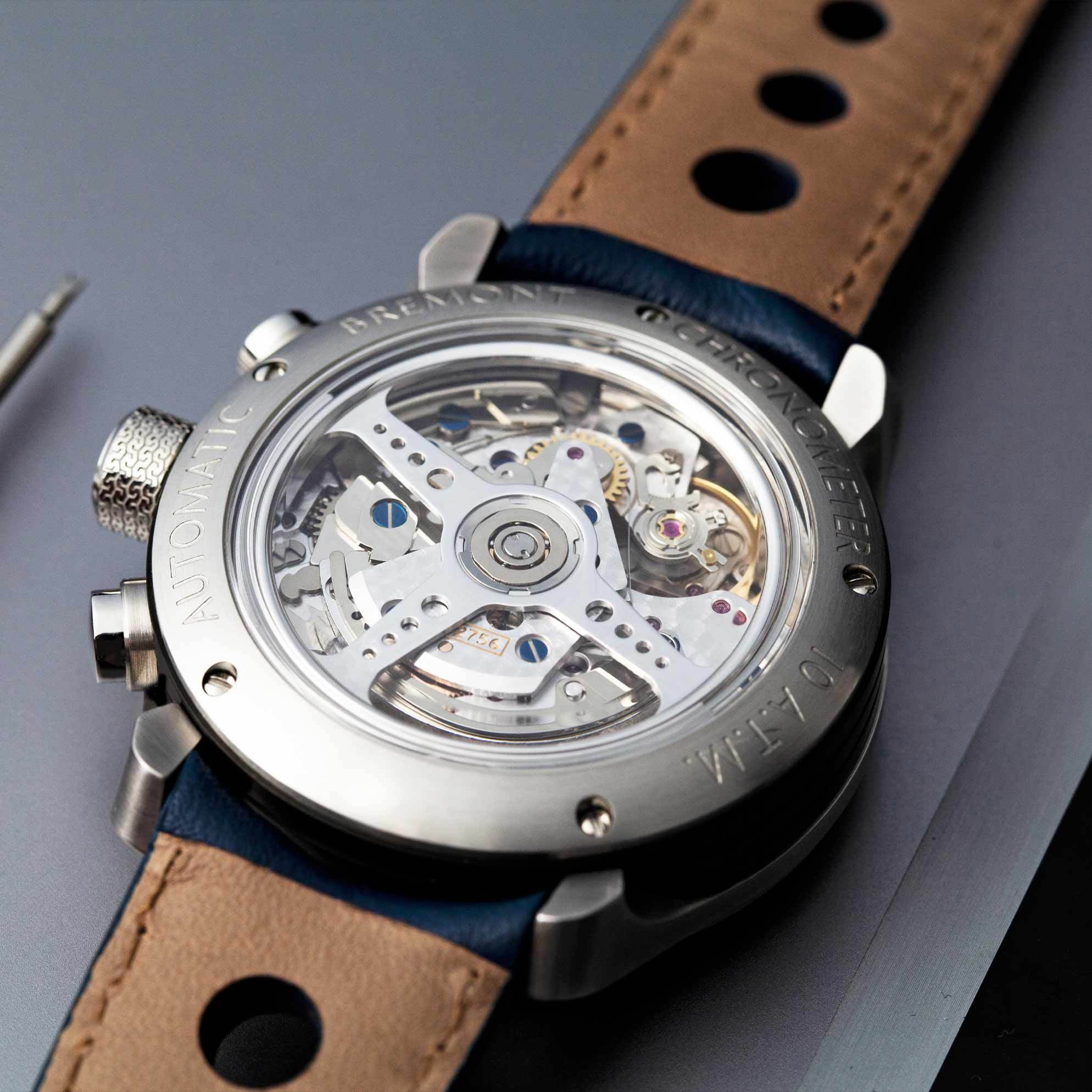 Case-back lifestyle detail on perforated leather strap