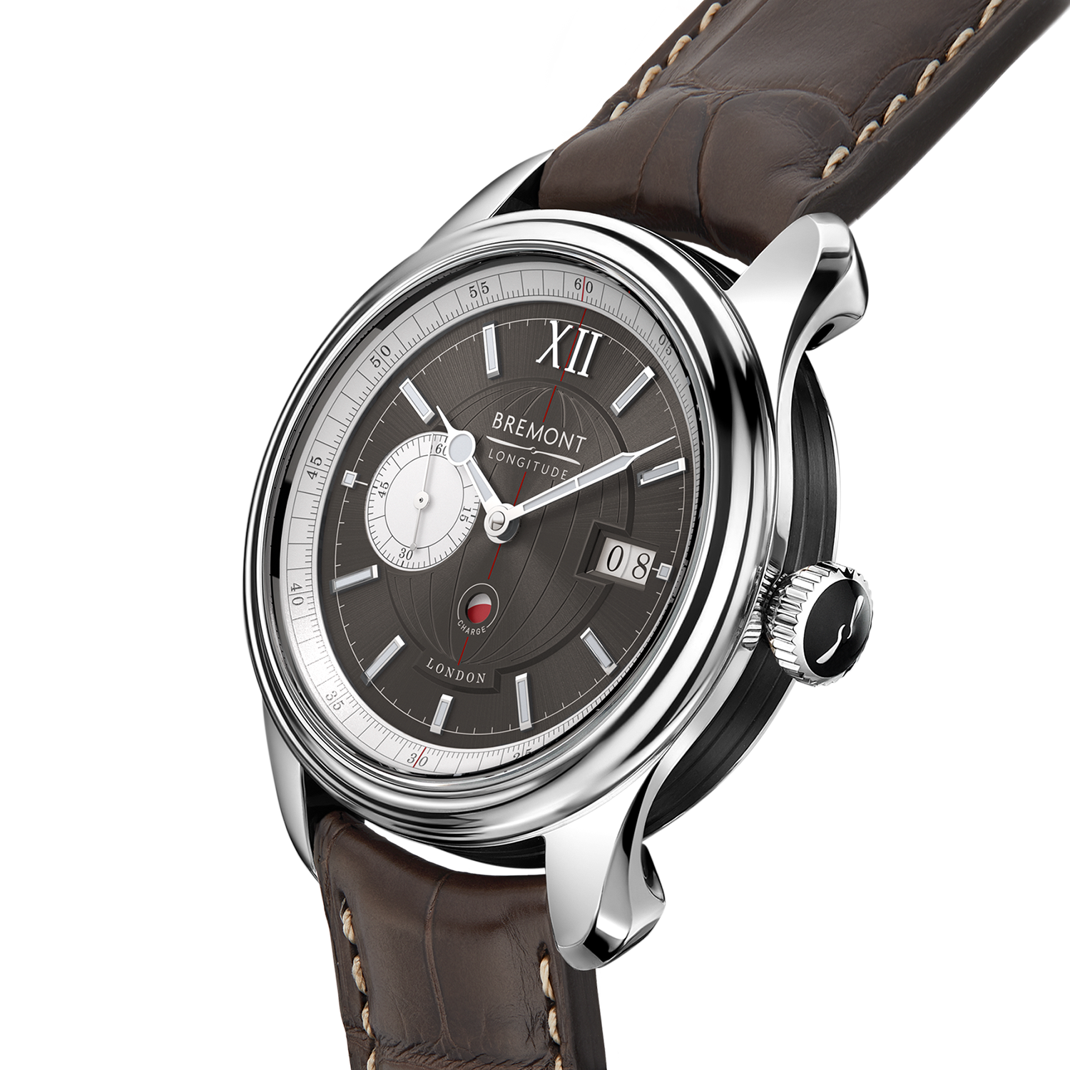 Three-quarter view of the Longitude case and strap