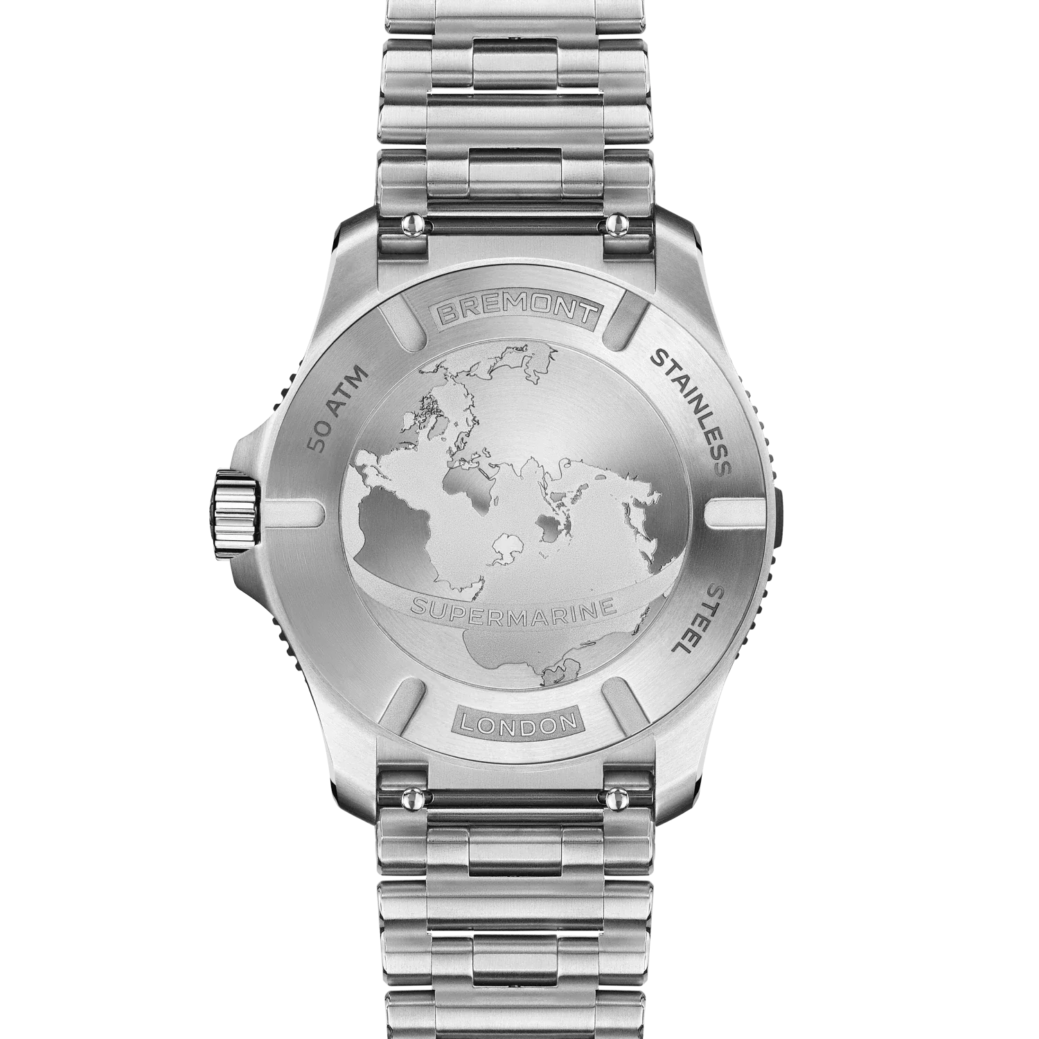 Case-back and bracelet view of the Supermarine 500m