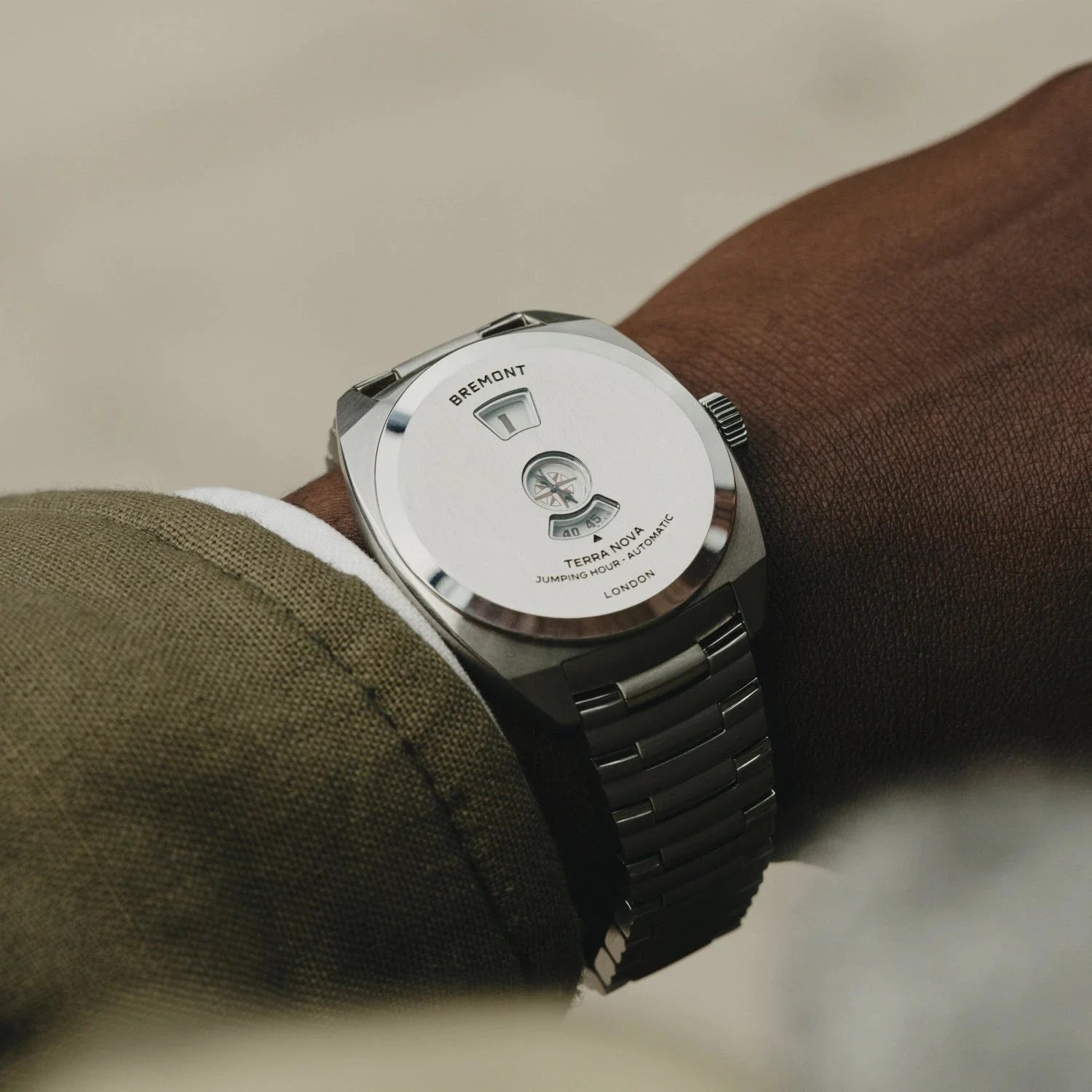 Wrist view of the Terra Nova Jumping Hour on bracelet