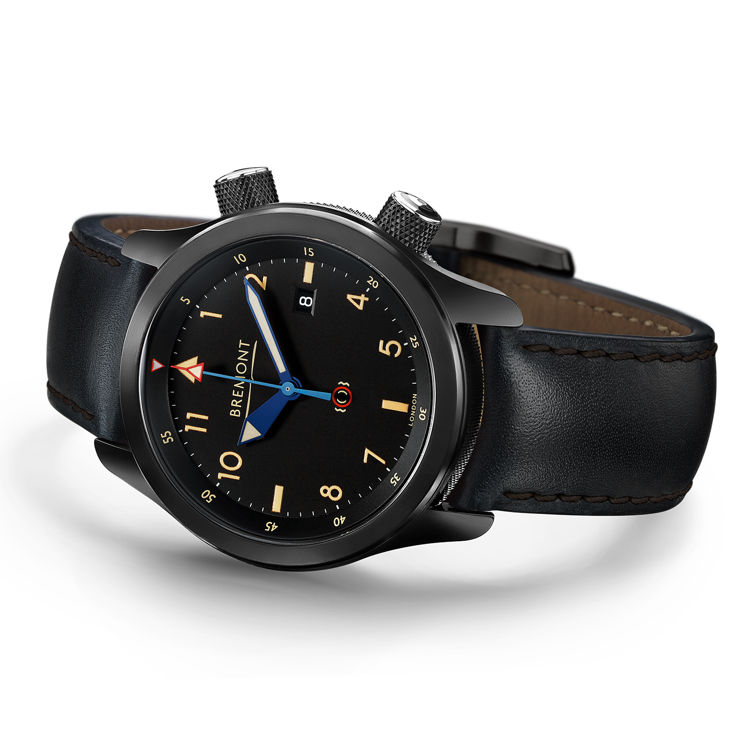Dial closeup with military-inspired numerals and inner bezel